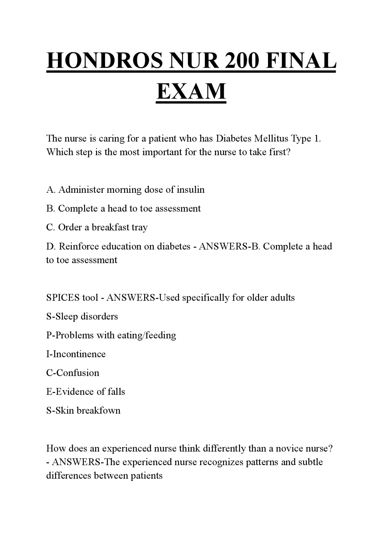 Nursing Exam Questions and Answers: Hondros NUR 200 Final Review ...