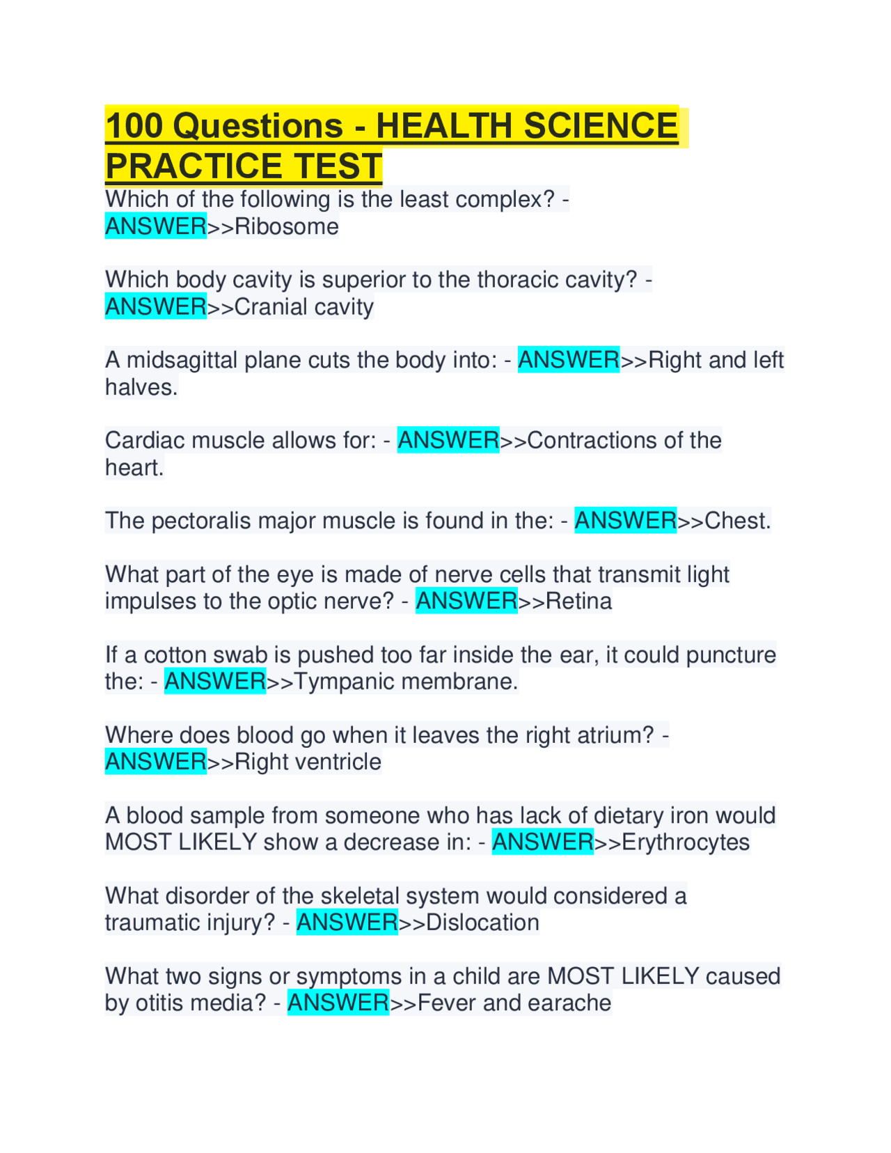 100 Questions - HEALTH SCIENCE PRACTICE TEST 2025-2026 QUESTIONS