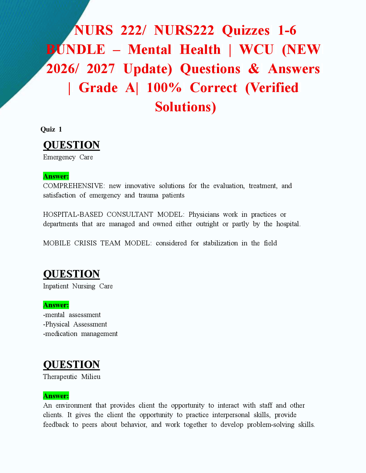 Mental Health Nursing Quizzes and Answers: Comprehensive Study Guide ...
