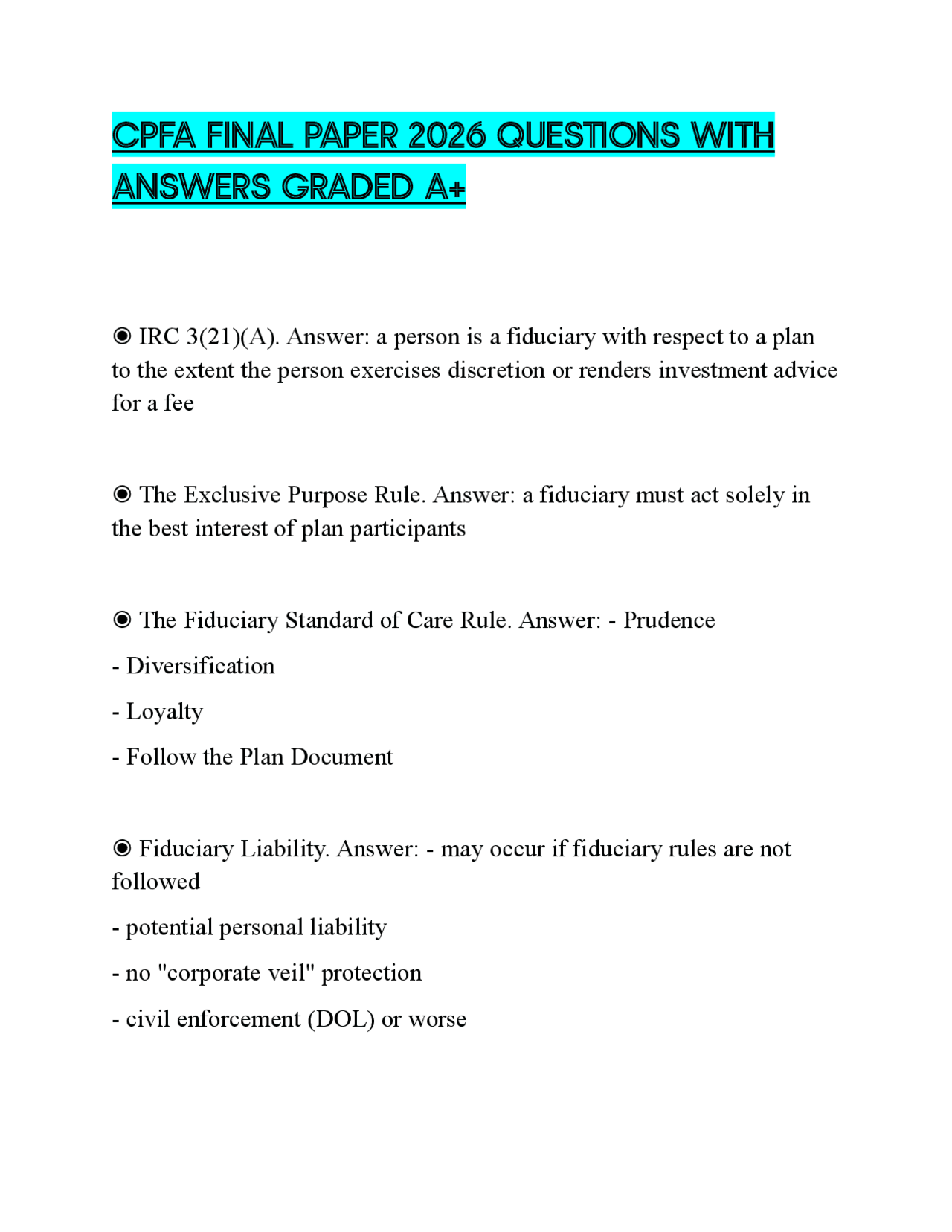 CPFA FINAL PAPER 2026 QUESTIONS WITH ANSWERS GRADED A+ | Exams Finance ...