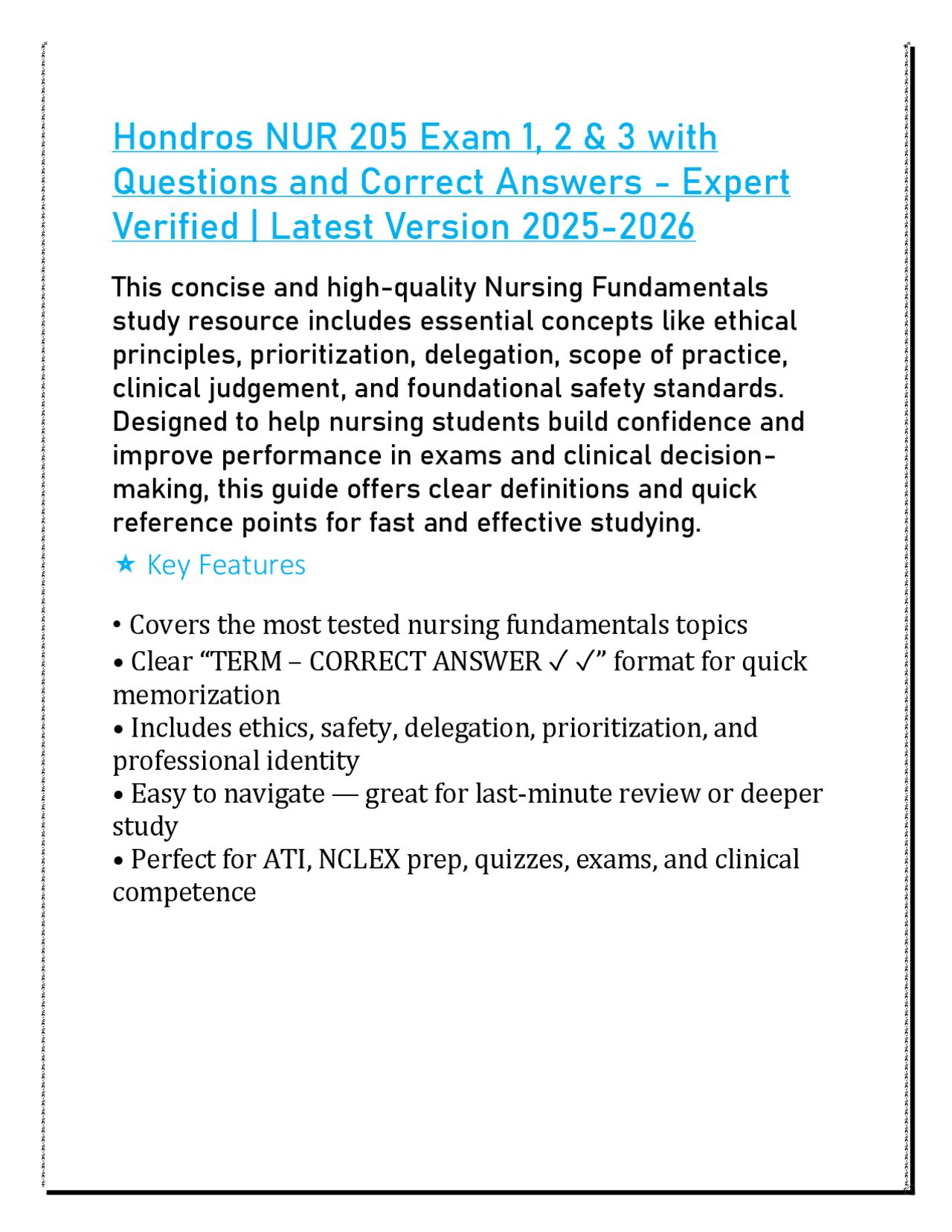 Hondros NUR 205 Exams 1–3 | Latest 2025-2026 Questions & Answers ...