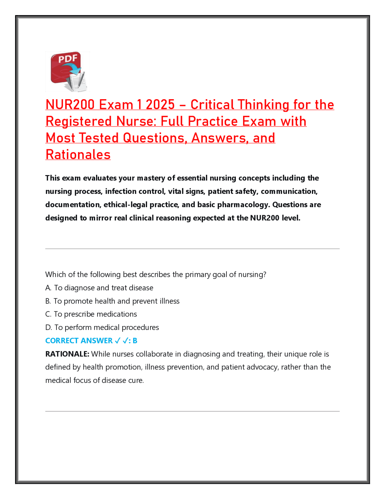 NUR200 Exam 1 | Critical Thinking for the RN 2025 Practice Test with Qs ...