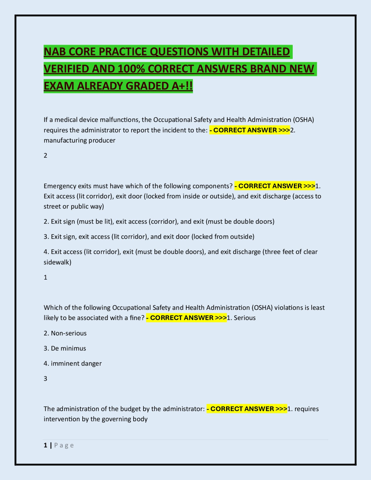 Nab Comprehension NAB CORE Exam Practice Questions with Verified Answers | Exams Nursing ...