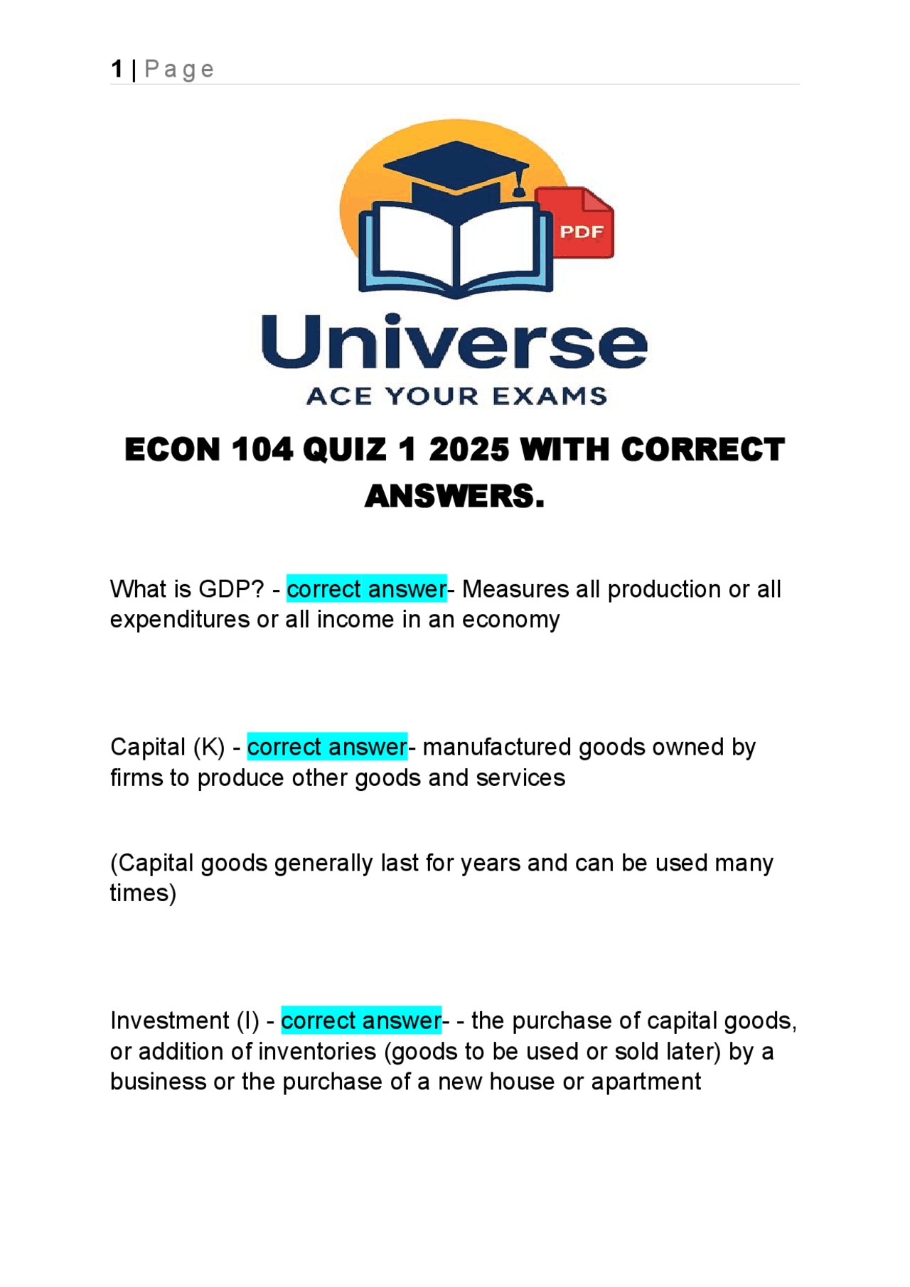 ECON 104 Quiz 1: GDP, Macroeconomics, and Key Economic Concepts | Exams ...