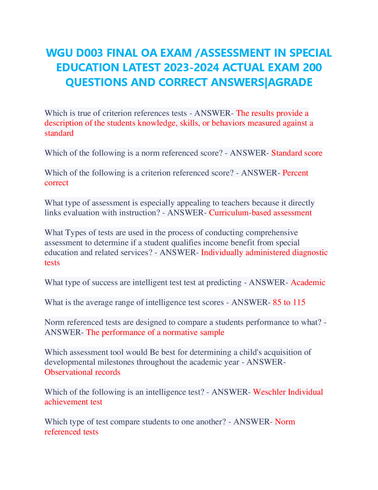 Special Education Exam Questions and Answers 2023-2024 | Exercises ...