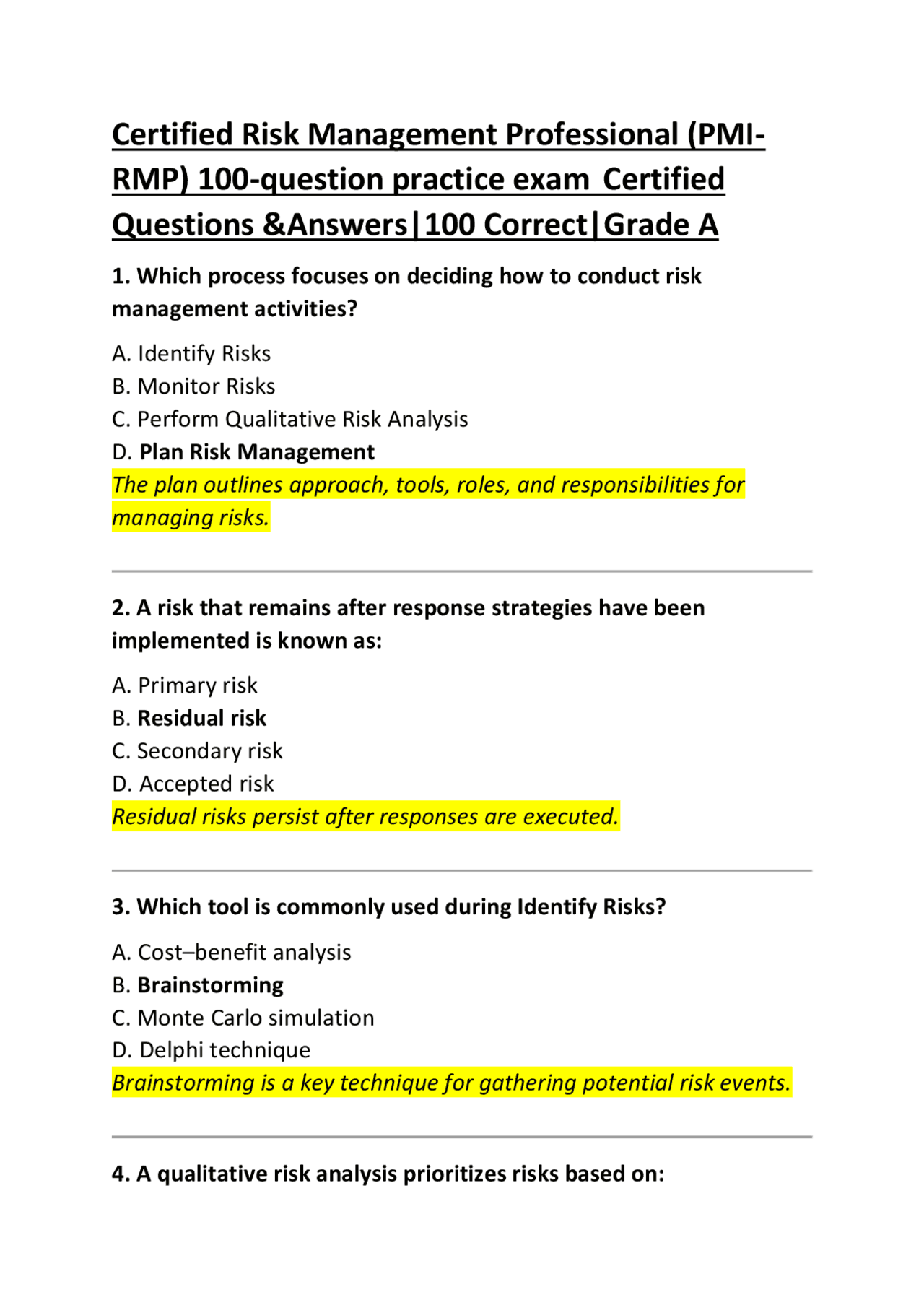 Certified Risk Management Professional (PMI-RMP) Practice Exam: 100 Questions &amp; Answers | Exams ...