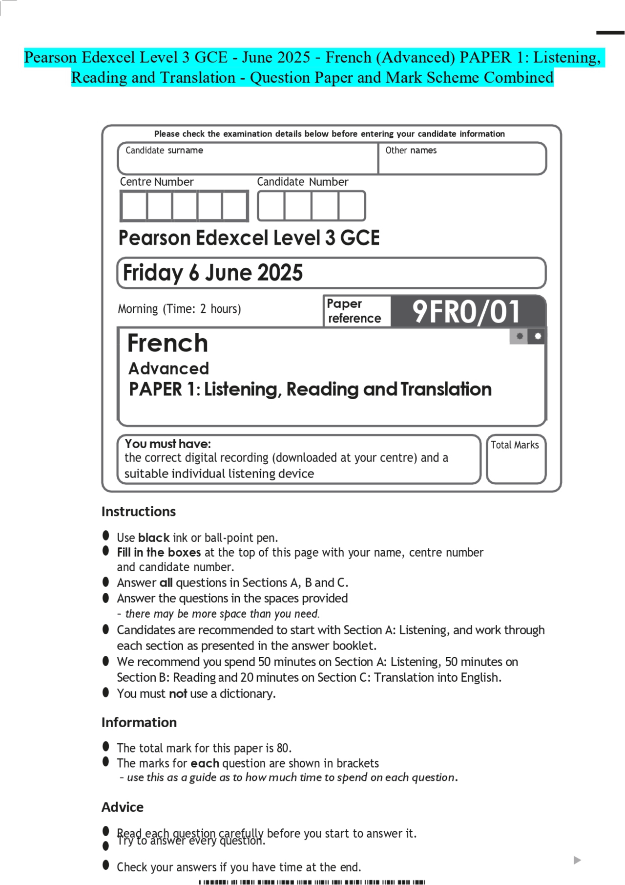 Pearson Edexcel Level 3 GCE - June 2025 - French (Advanced) PAPER 1 ...