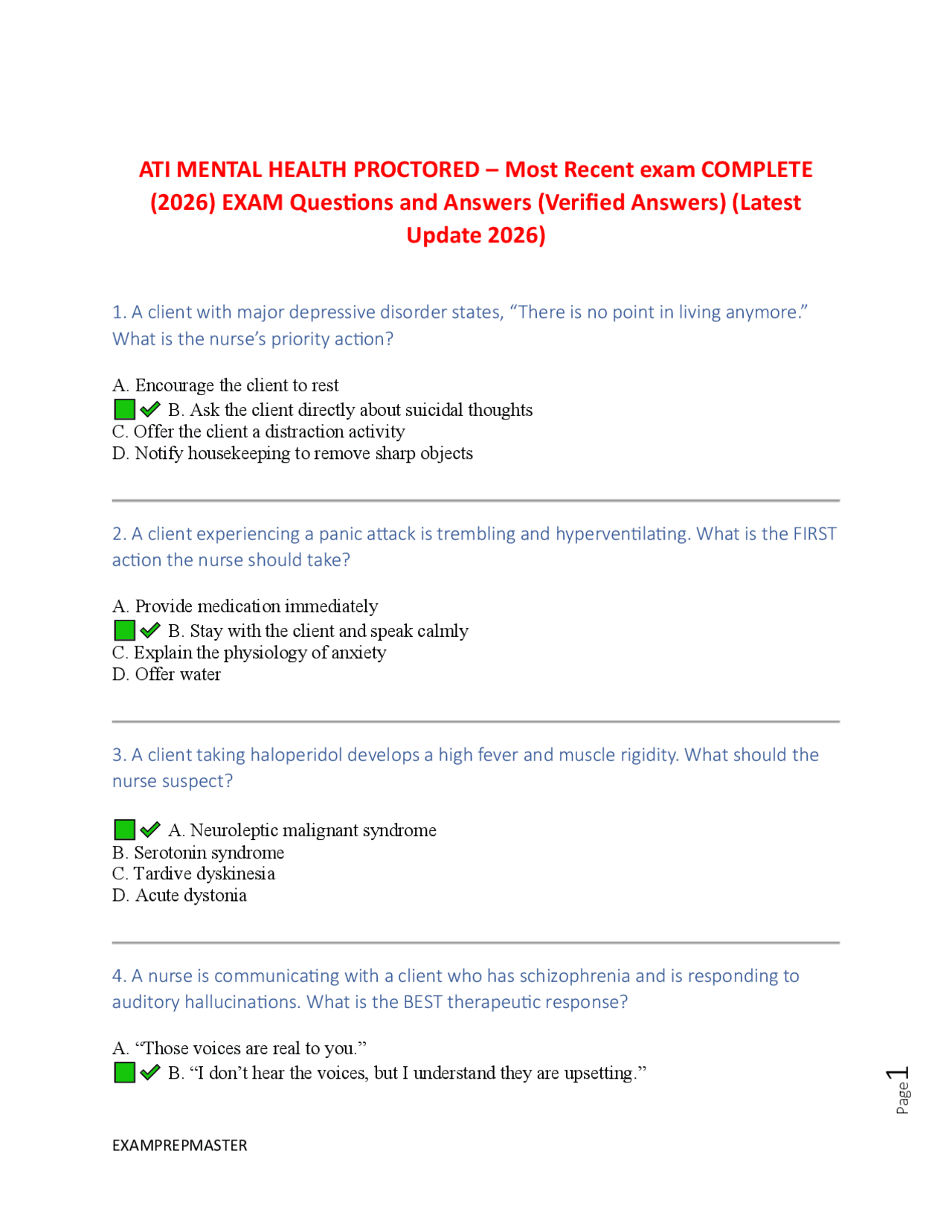 Mental Health Exam Questions and Answers (2026) | Exams Nursing | Docsity