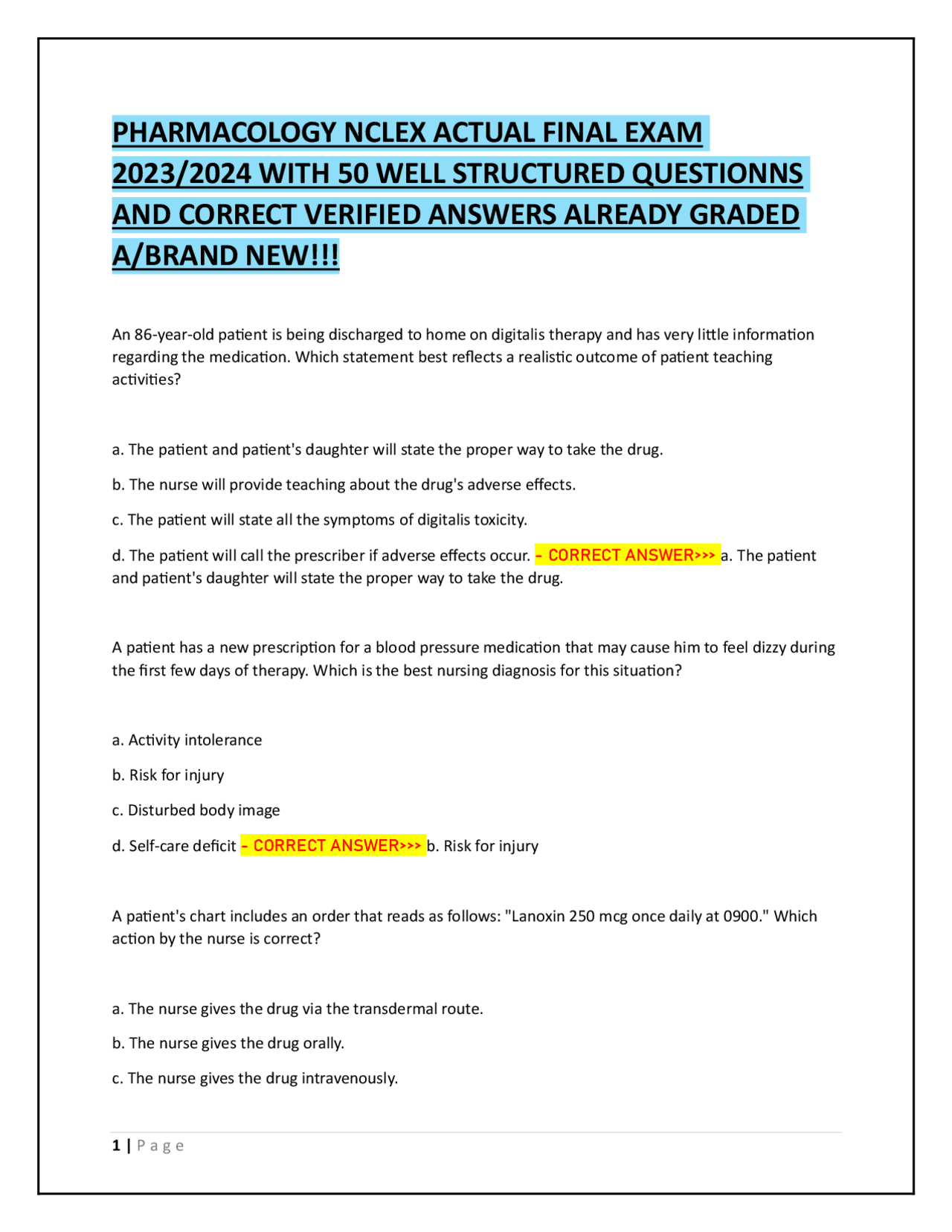 Pharmacology NCLEX Exam Questions and Answers 2023/2024 | Exams Nursing ...