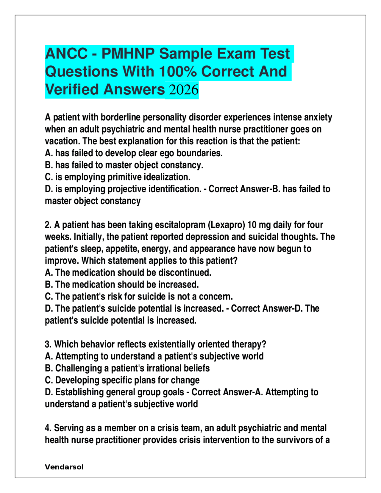 ANCC - PMHNP Sample Exam Test Questions With 100% Correct And Verified ...