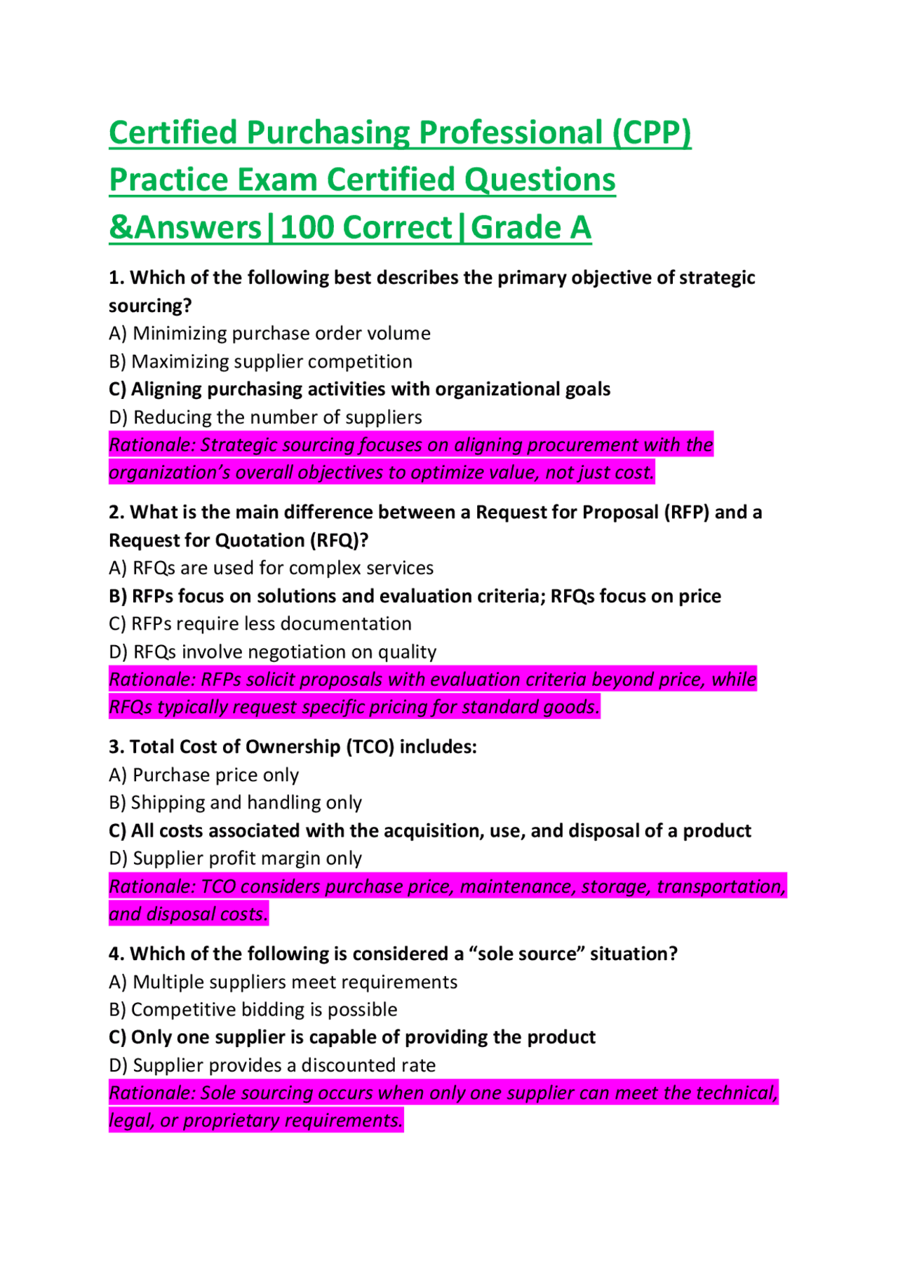 CPP Exam Practice Questions and Answers: Certified Purchasing