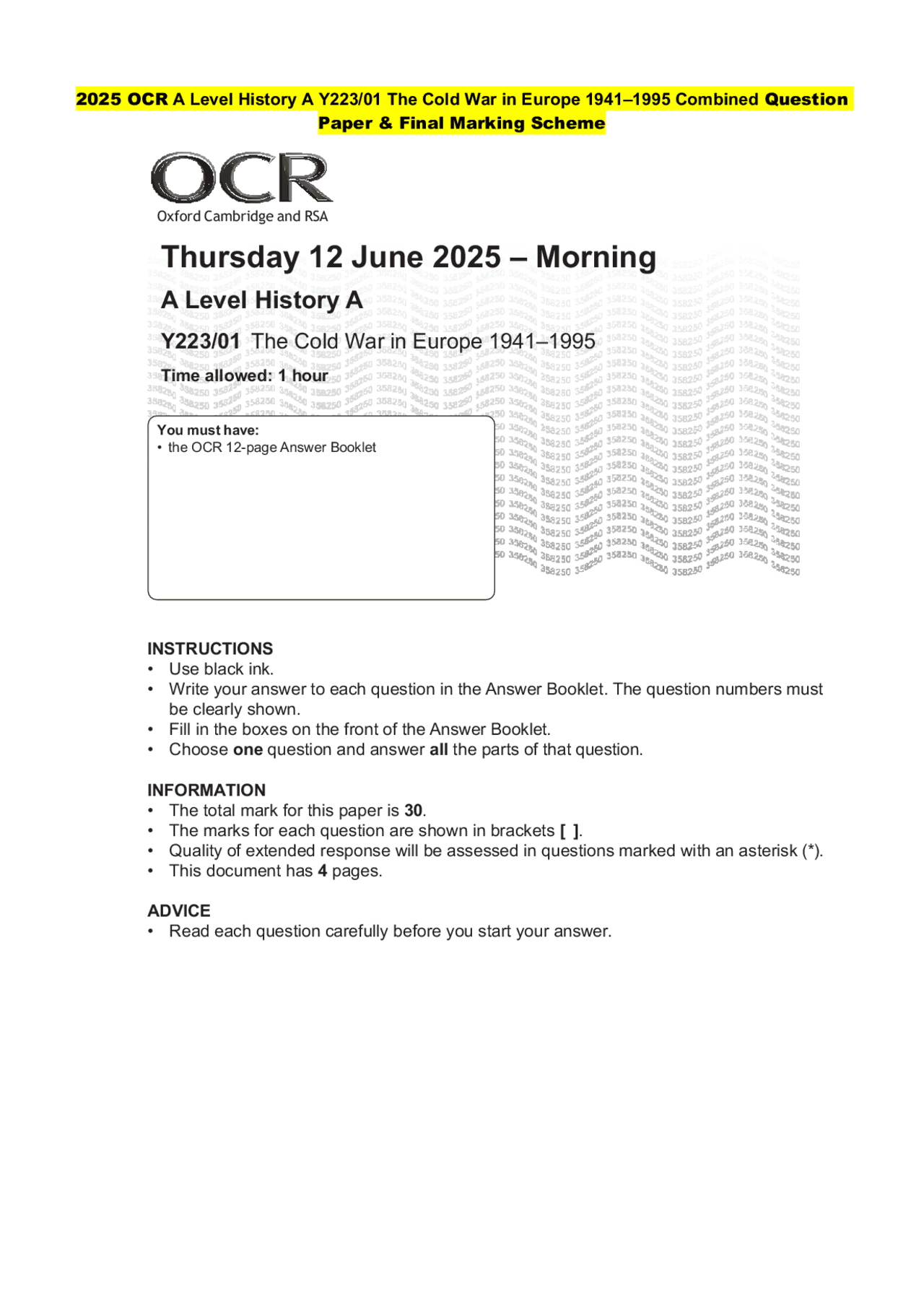 A Level History: Cold War in Europe Exam Paper & Mark Scheme | Exams ...