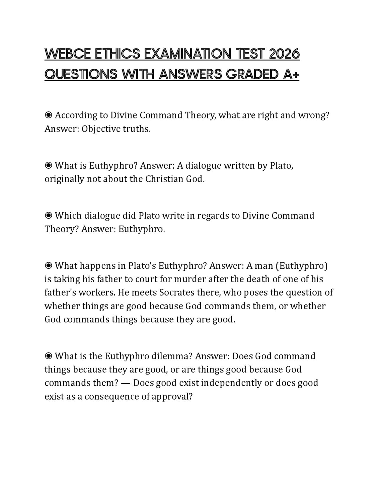WEBCE ETHICS EXAMINATION TEST 2026 QUESTIONS WITH ANSWERS GRADED A+ | Exams Nursing | Docsity