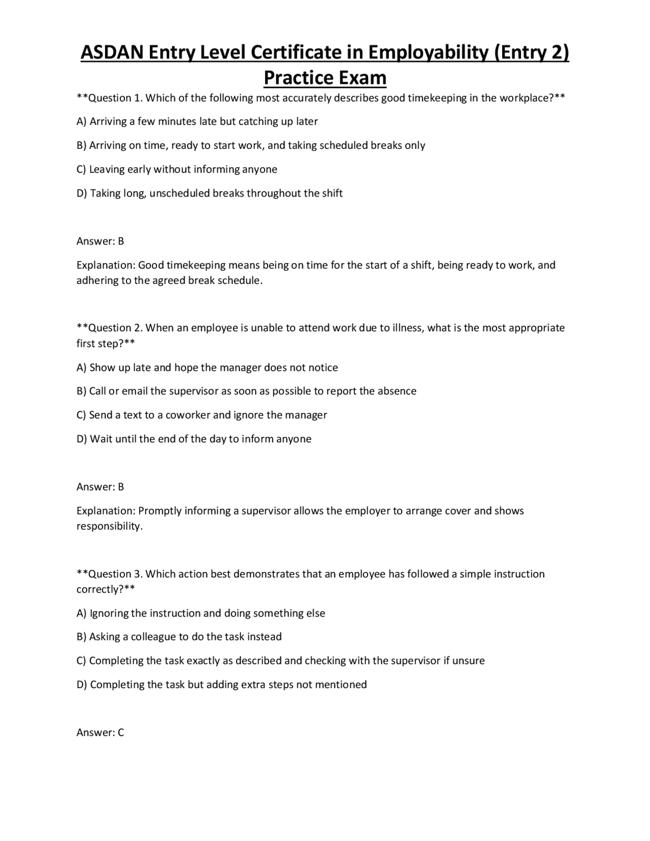 ASDAN Entry Level Certificate in Employability (Entry 2) Practice Exam ...