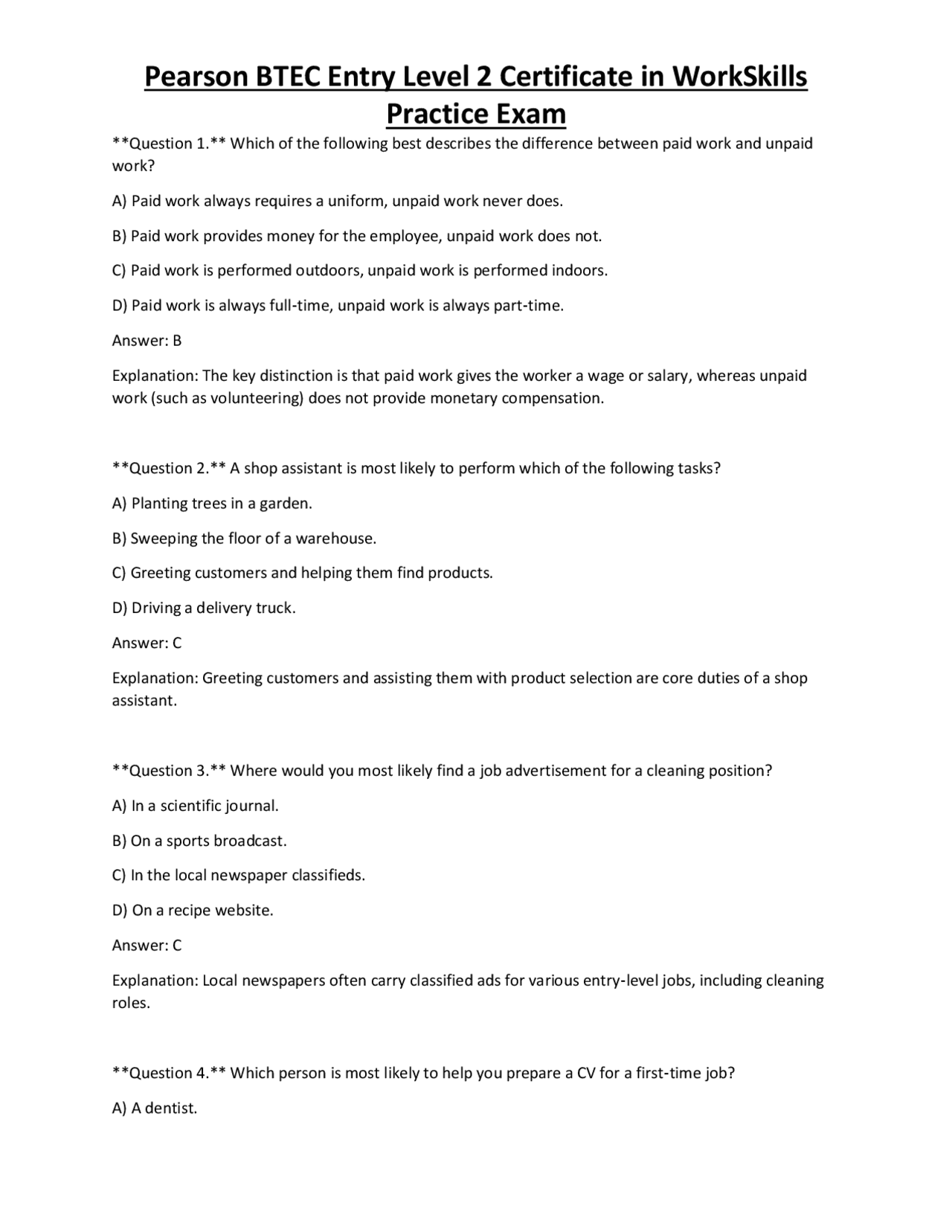 Pearson BTEC Entry Level 2 Certificate in WorkSkills Practice Exam ...