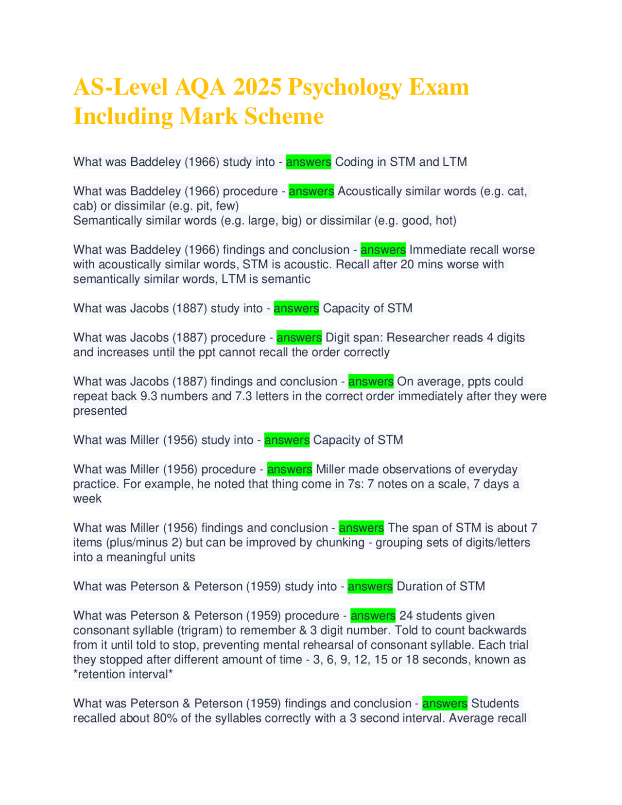 AQA Psychology Exam Questions and Answers: Memory (AS-Level 2025 ...
