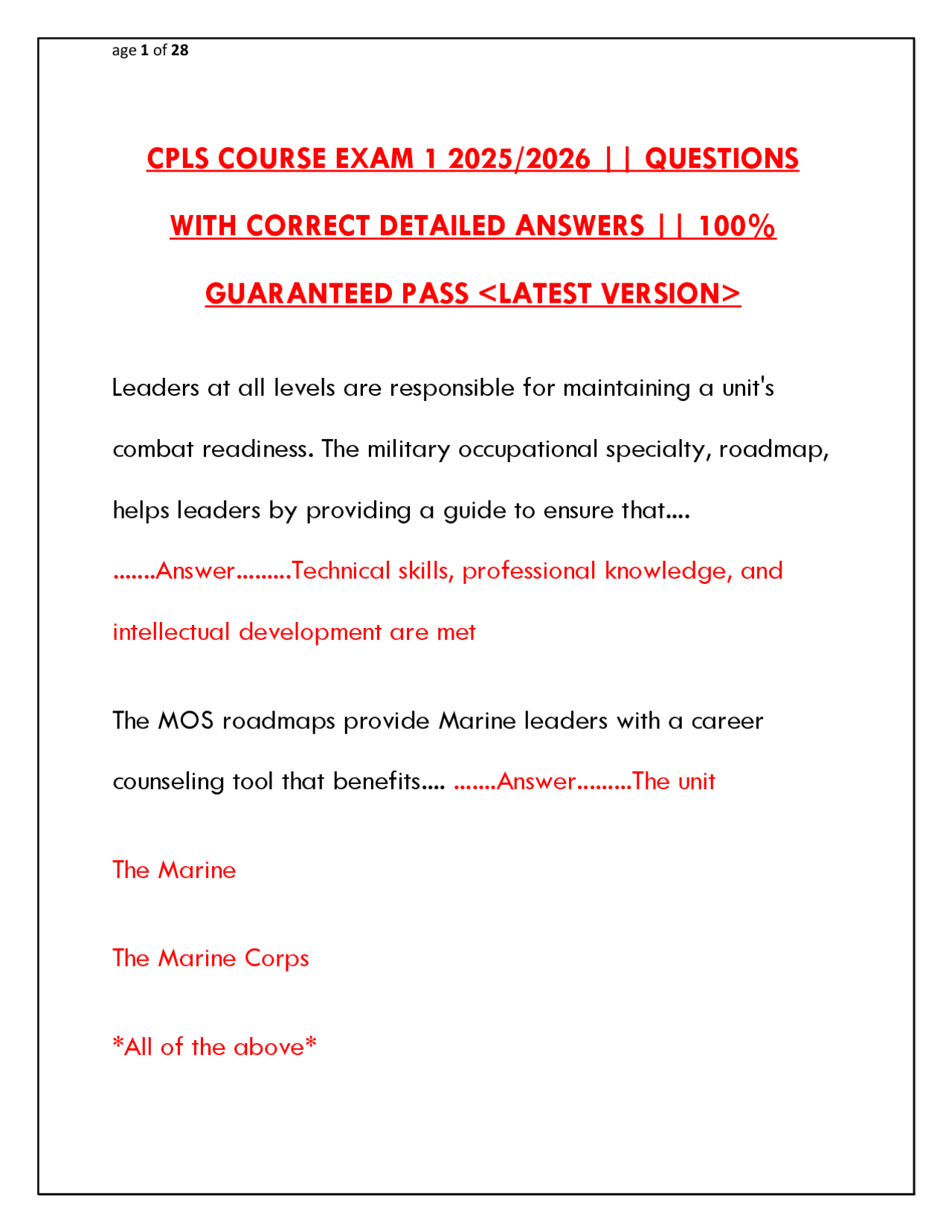 CPLS Course Exam 1 Guide 2025/2026 | Marine Corporals Course Study ...