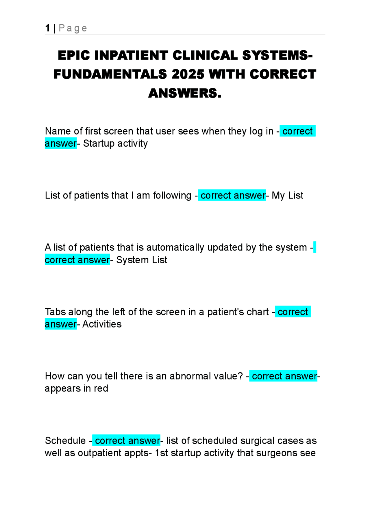 EPIC Inpatient Clinical Systems Fundamentals: 2025 Q&A Guide | Exams ...