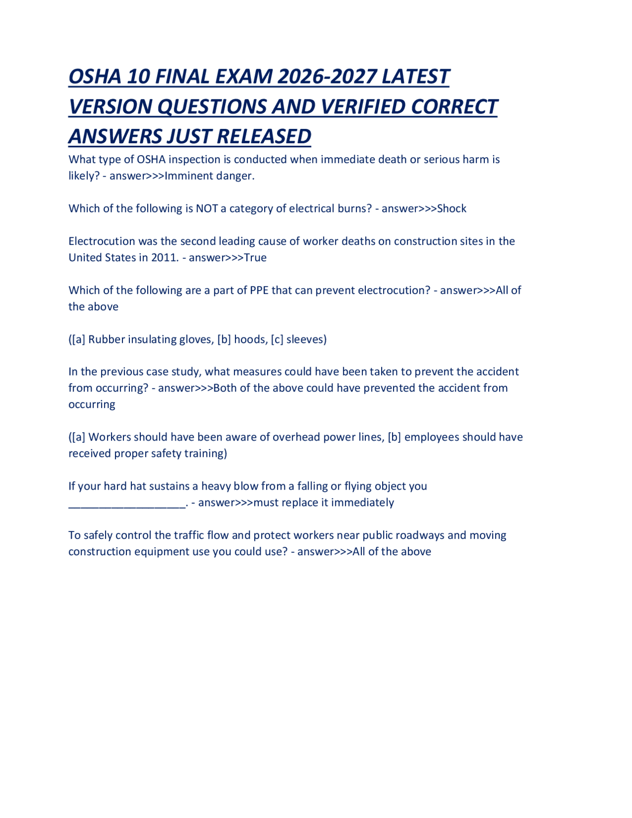 OSHA 10 Safety Training FINAL EXAM 2026-2027 LATEST VERSION QUESTIONS ...