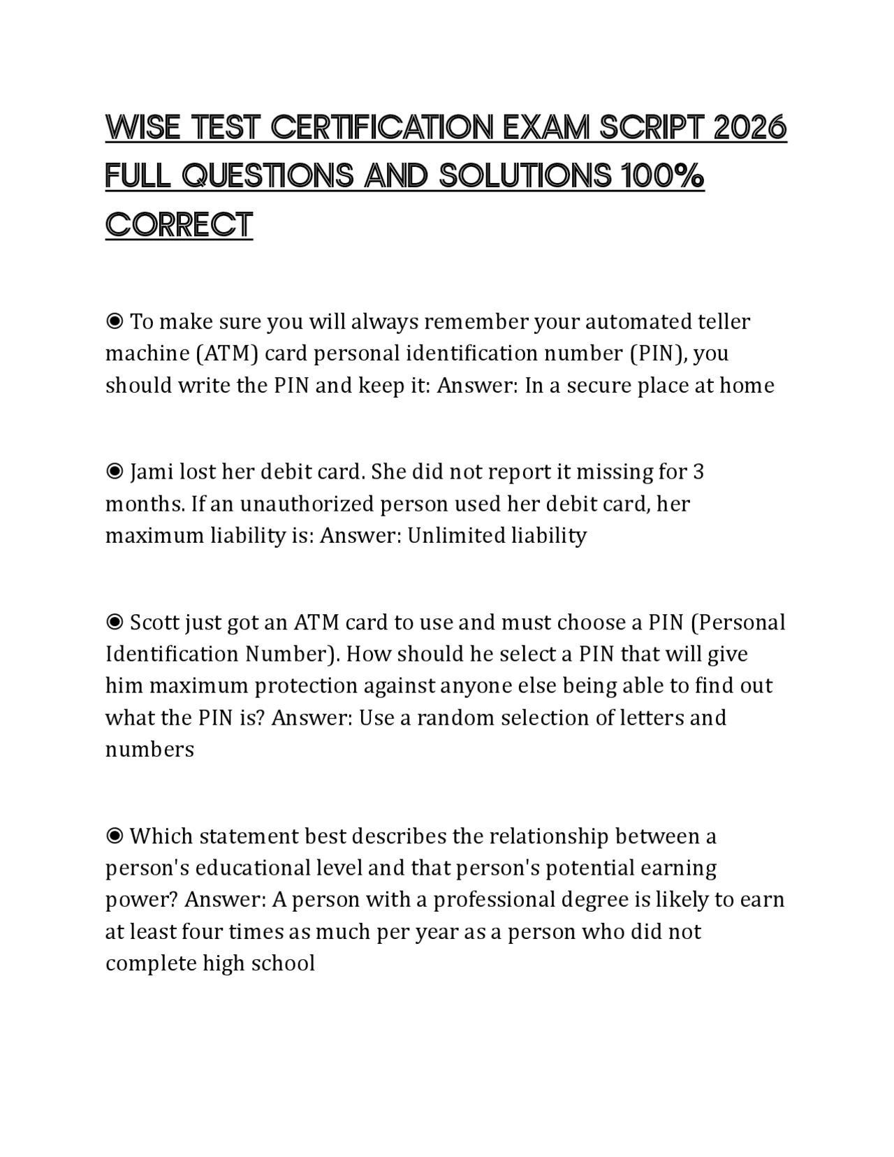 WISE TEST CERTIFICATION EXAM SCRIPT 2026 FULL QUESTIONS AND SOLUTIONS ...