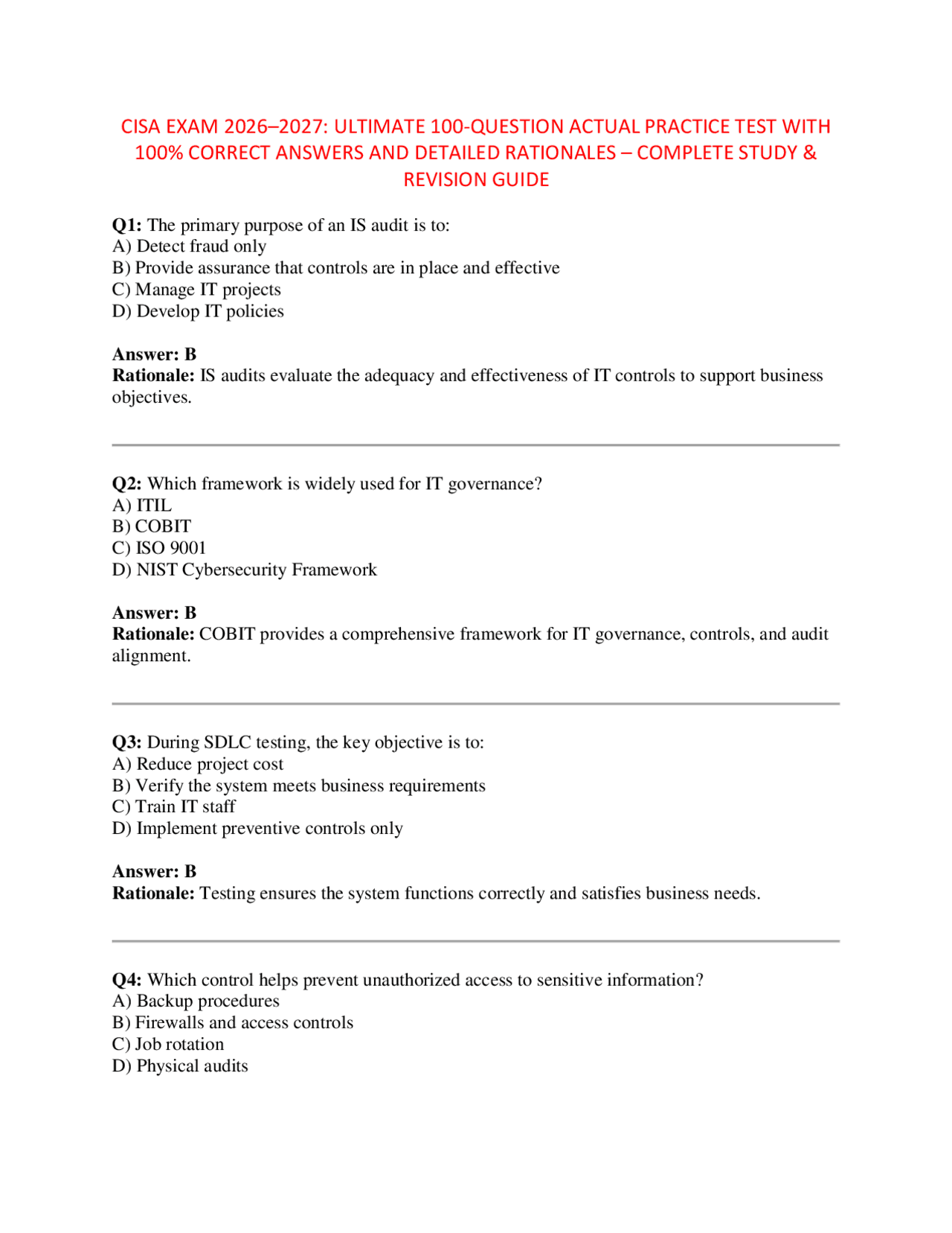 CISA Exam Practice Test 2026-2027: 100 Questions with Answers and