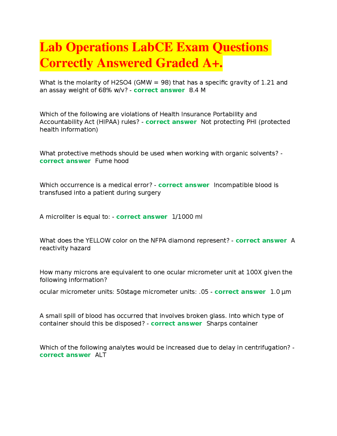 Lab Operations Exam Questions and Answers | Exams Health sciences | Docsity