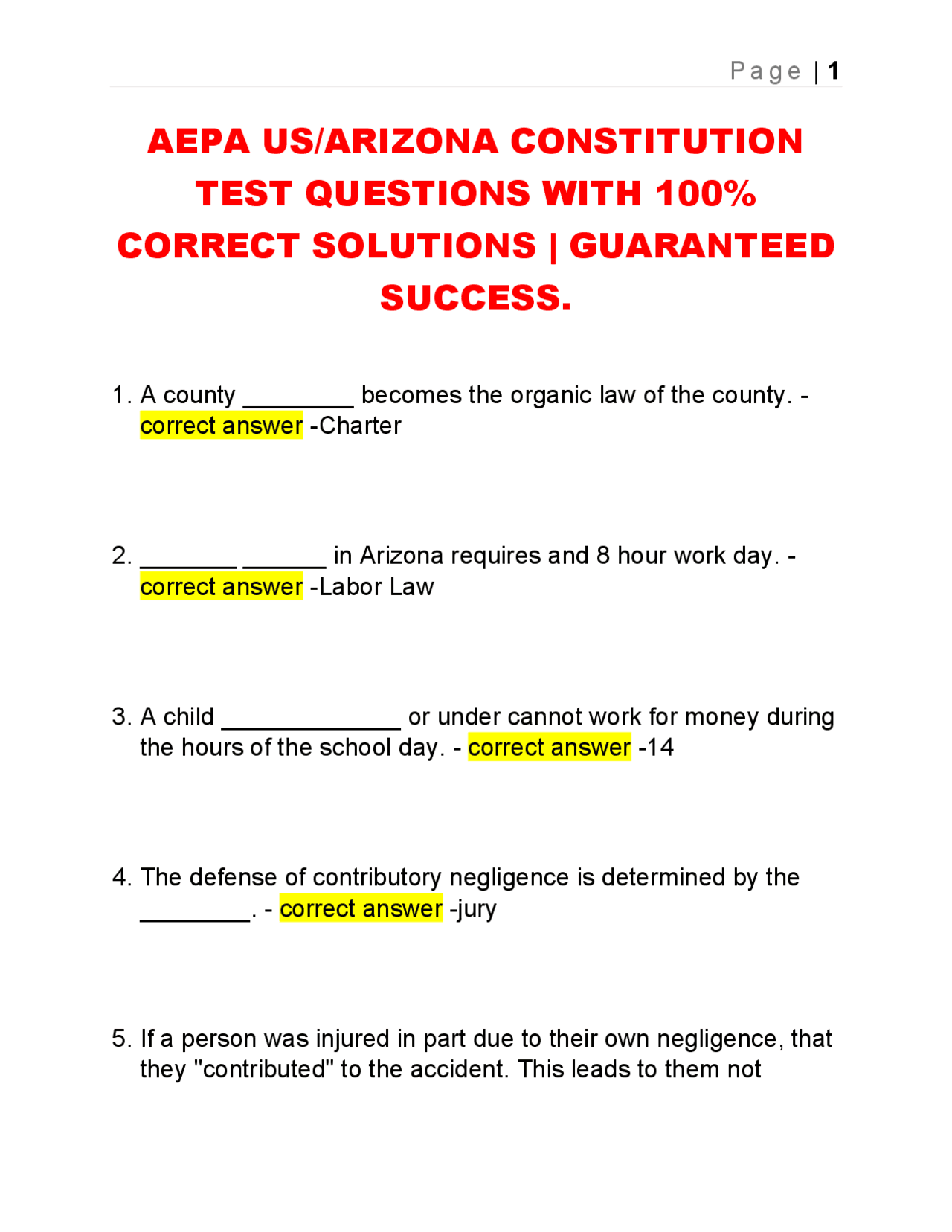 AEPA US/ARIZONA CONSTITUTION TEST QUESTIONS WITH 100% CORRECT SOLUTIONS ...