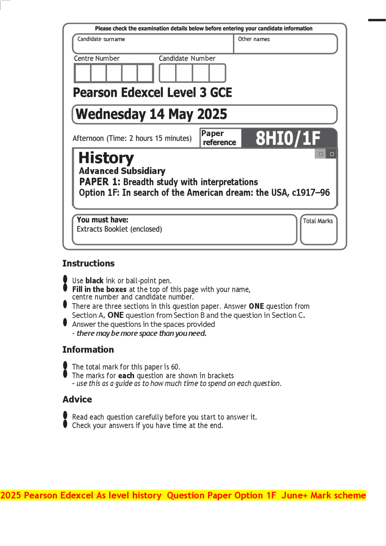 2025 Pearson Edexcel As level history Question Paper Option 1F June+ ...