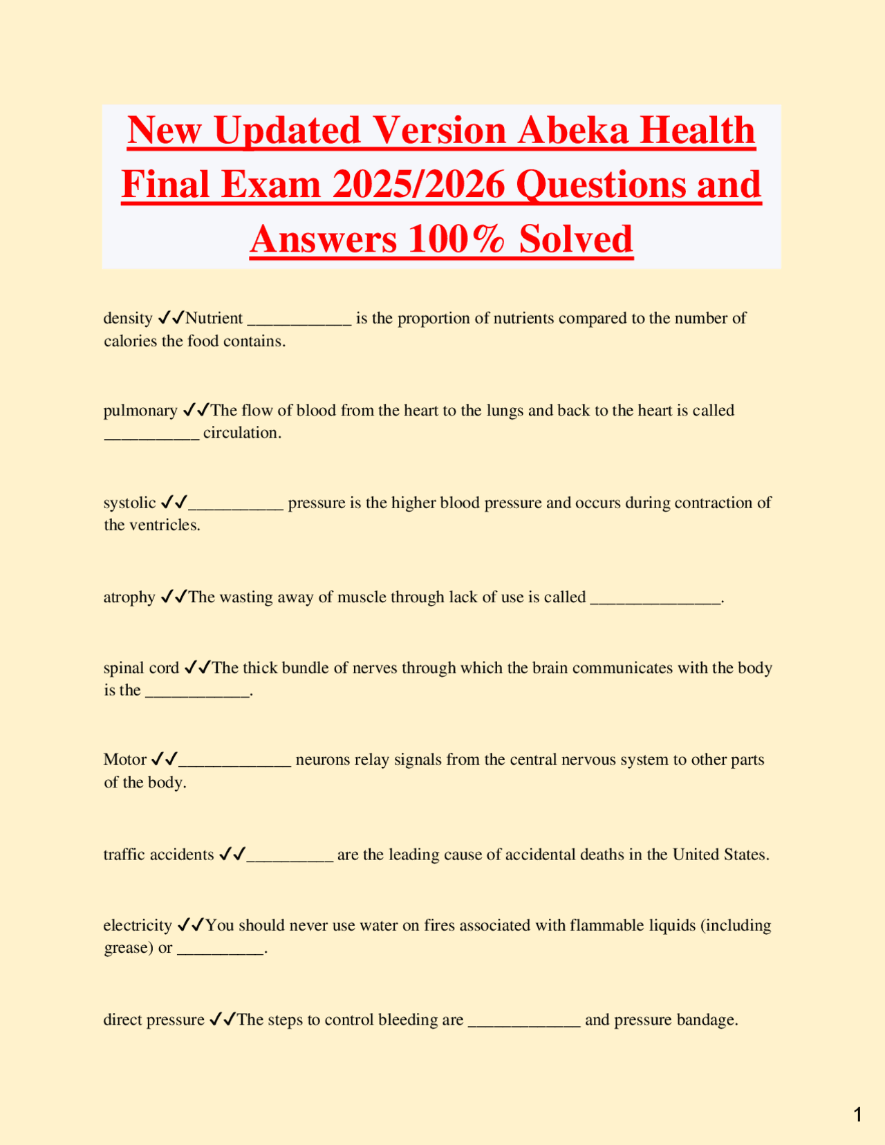 Abeka Health Final Exam 2025/2026: Questions and Answers | Exams ...