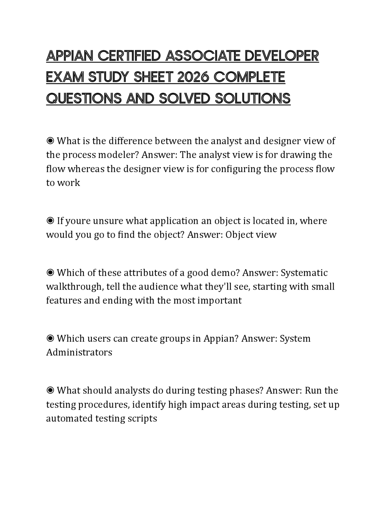 APPIAN CERTIFIED ASSOCIATE DEVELOPER EXAM STUDY SHEET 2026 COMPLETE ...