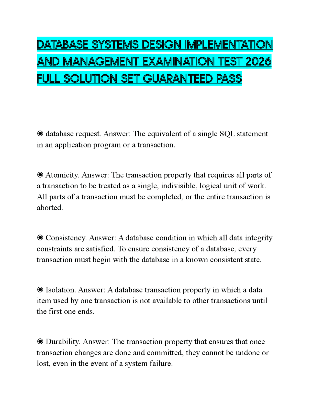 DATABASE SYSTEMS DESIGN IMPLEMENTATION AND MANAGEMENT EXAMINATION TEST ...