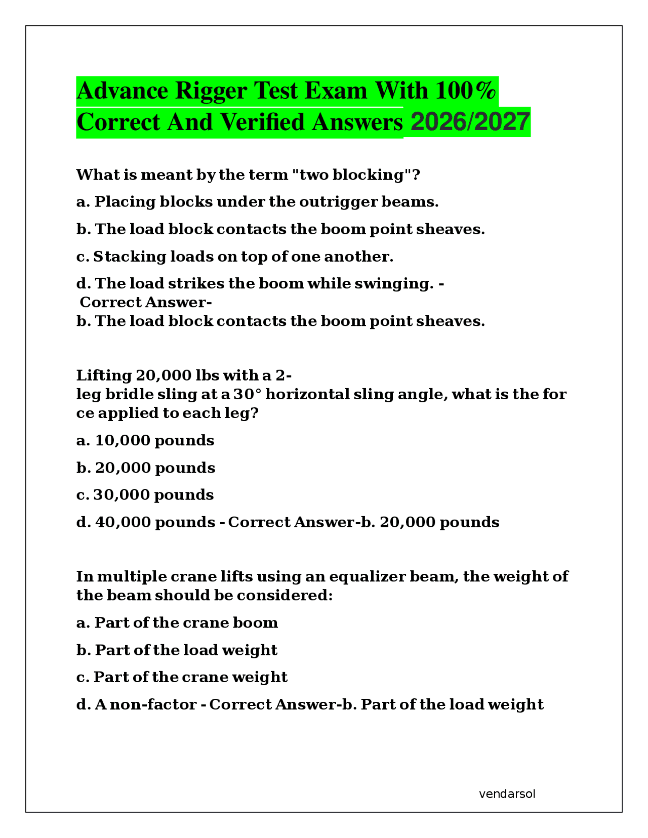 Advance Rigger Test Exam With 100% Correct And Verified Answers 2026/2027 | Exams Advanced ...