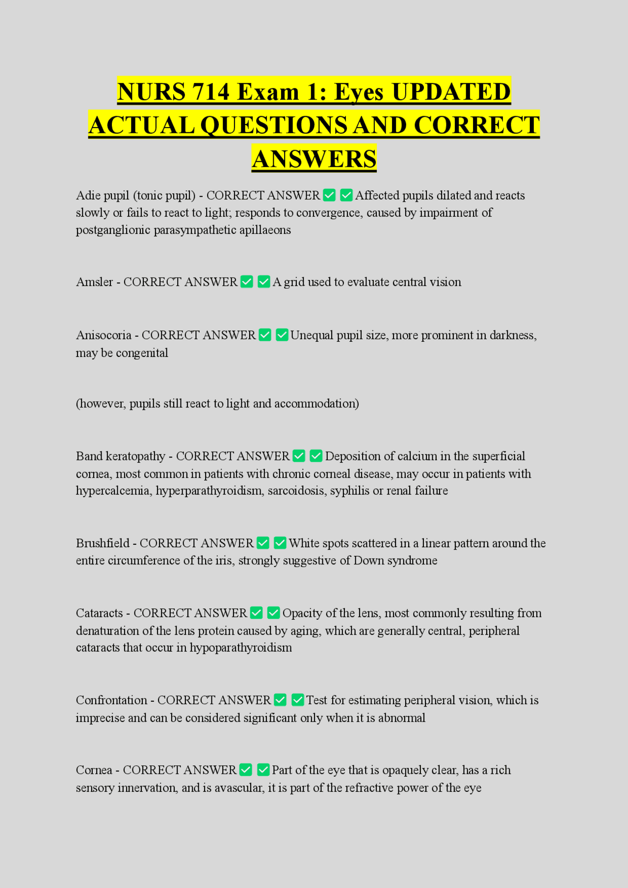 Ophthalmology Exam Questions and Answers: NURS 714 Review | Exams ...