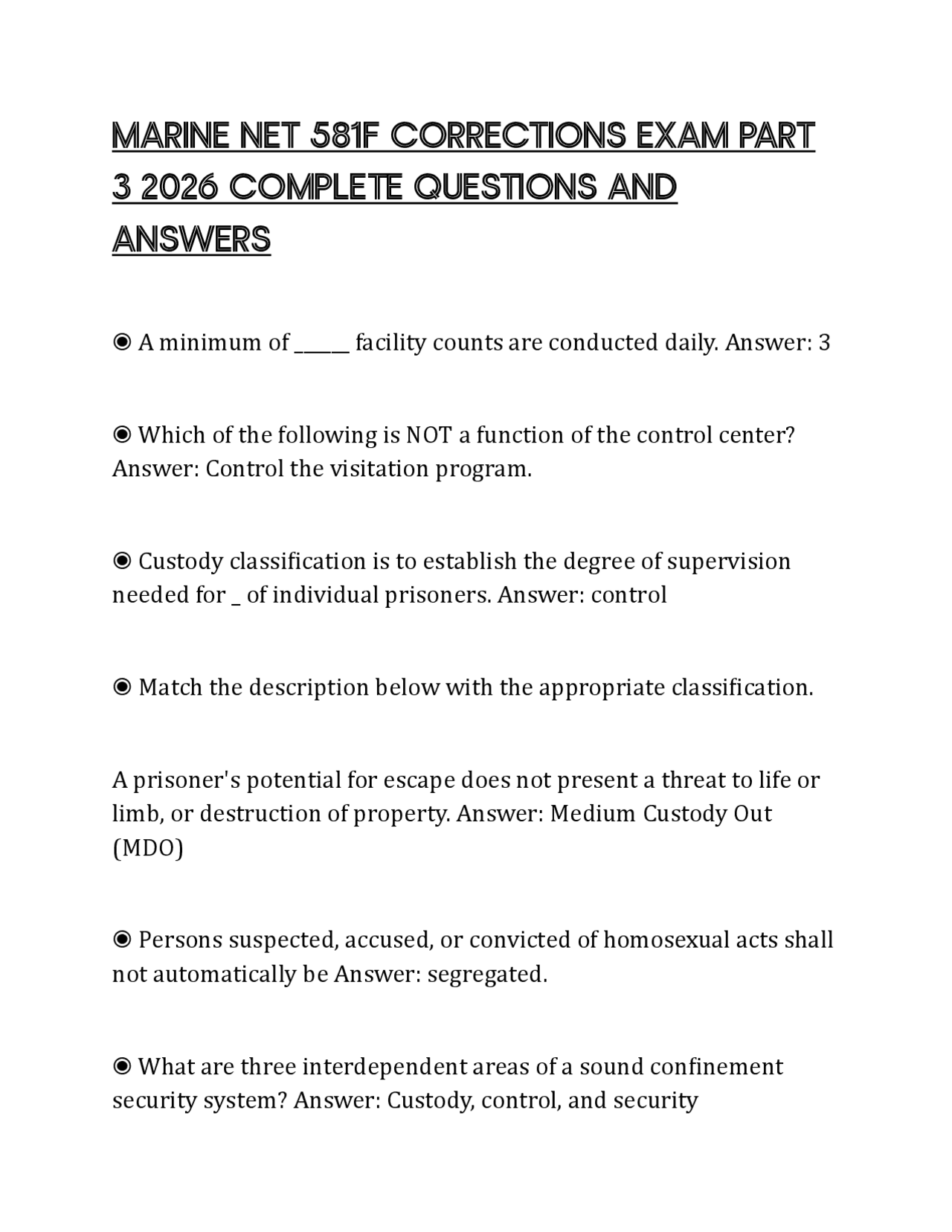 MARINE NET 581F CORRECTIONS EXAM PART 3 2026 COMPLETE QUESTIONS AND ANSWERS | Exams Criminal ...