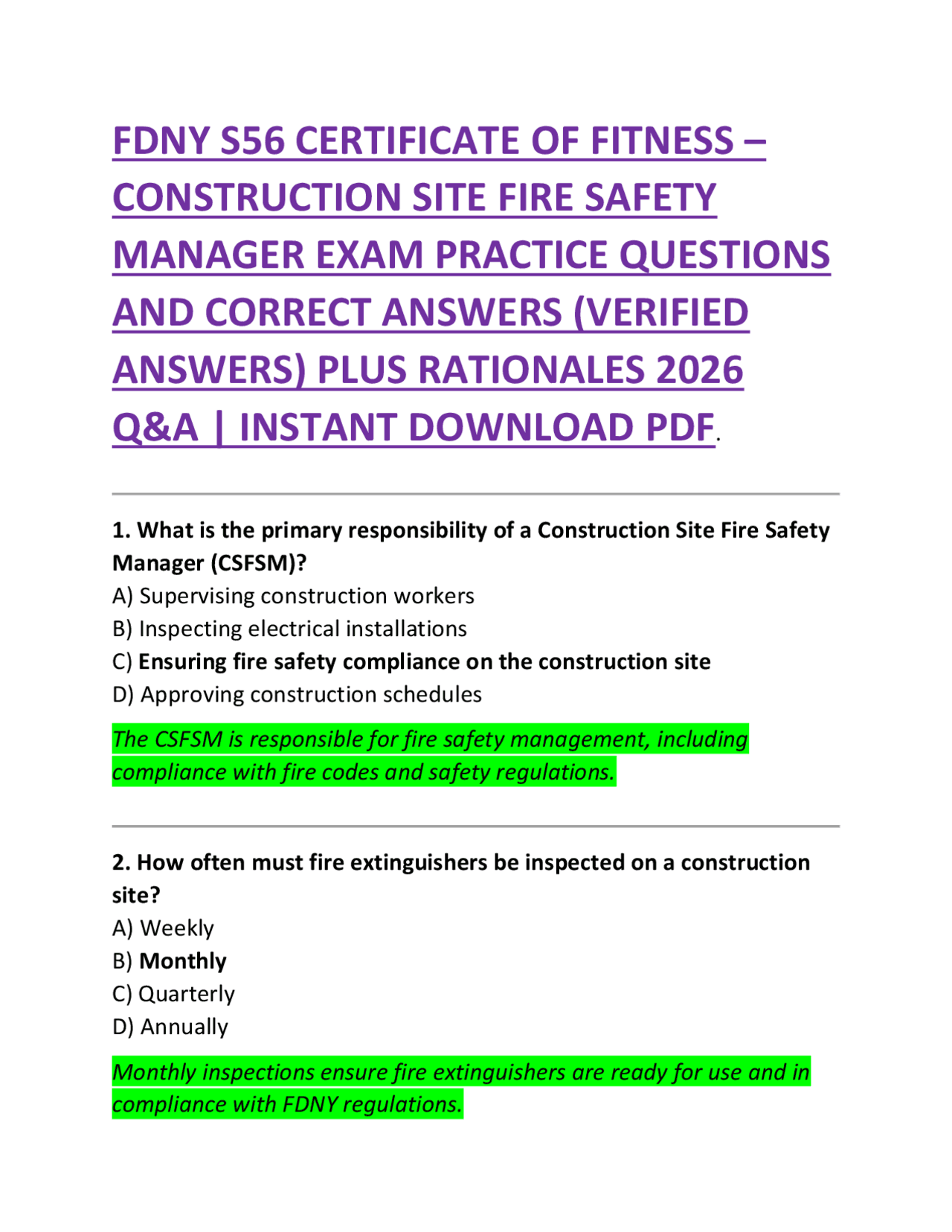 Fdny S56 Construction Site Fire Safety Manager Exam Practice Questions