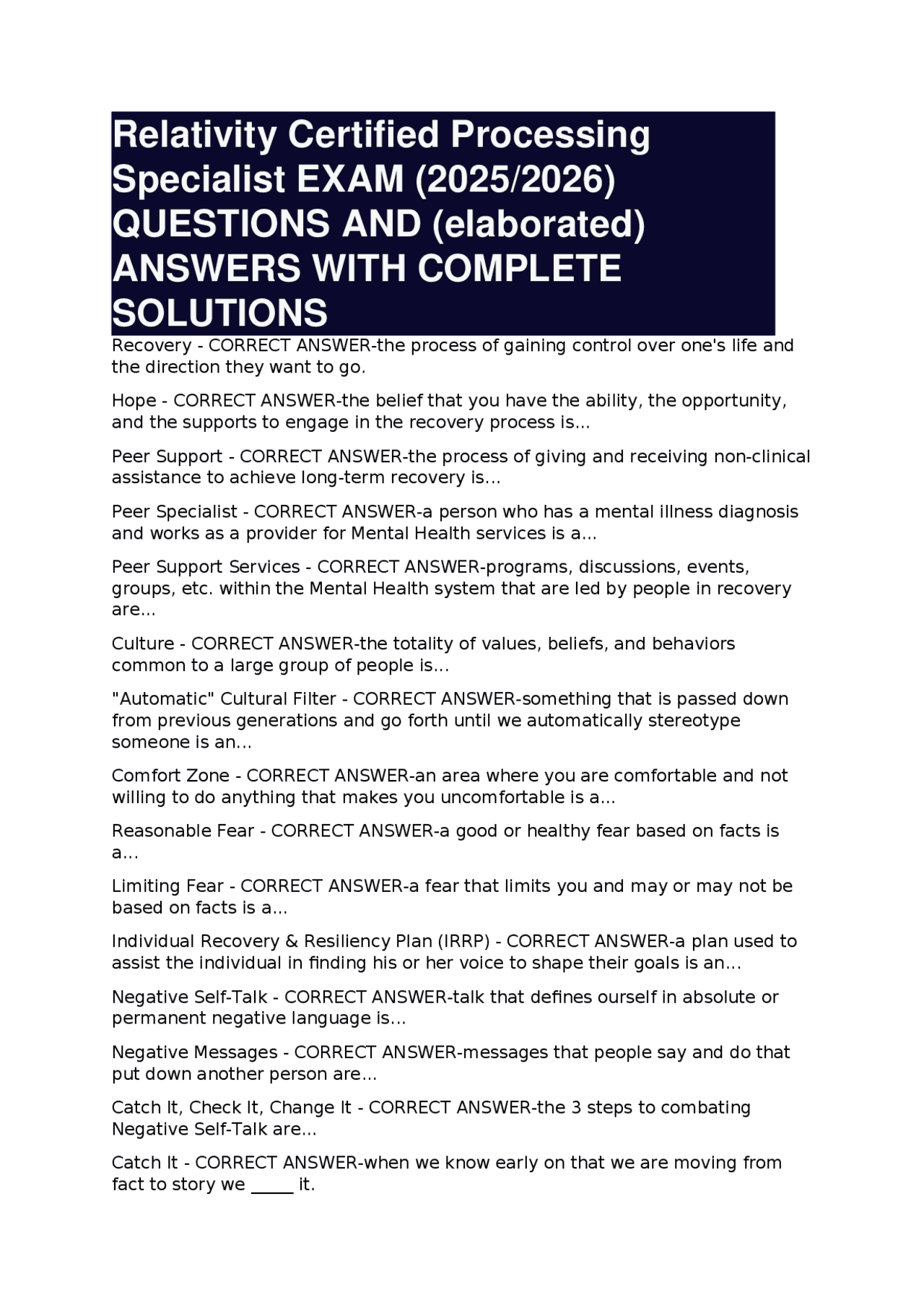 Relativity Certification Relativity Certified Processing Specialist Exam Q&A (2025/2026) | Exams ...