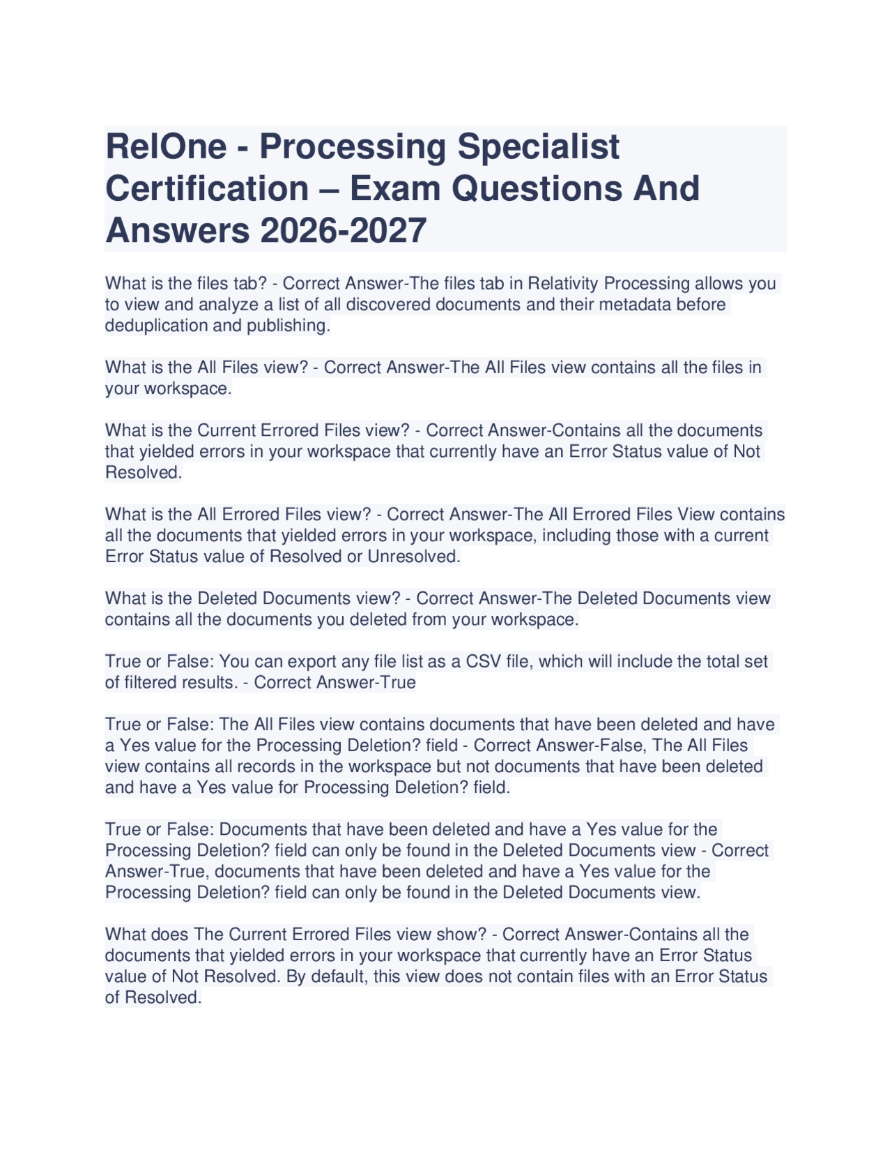Relativity Certification Relativity Processing Specialist Certification Exam: Q&A 2026-2027 ...