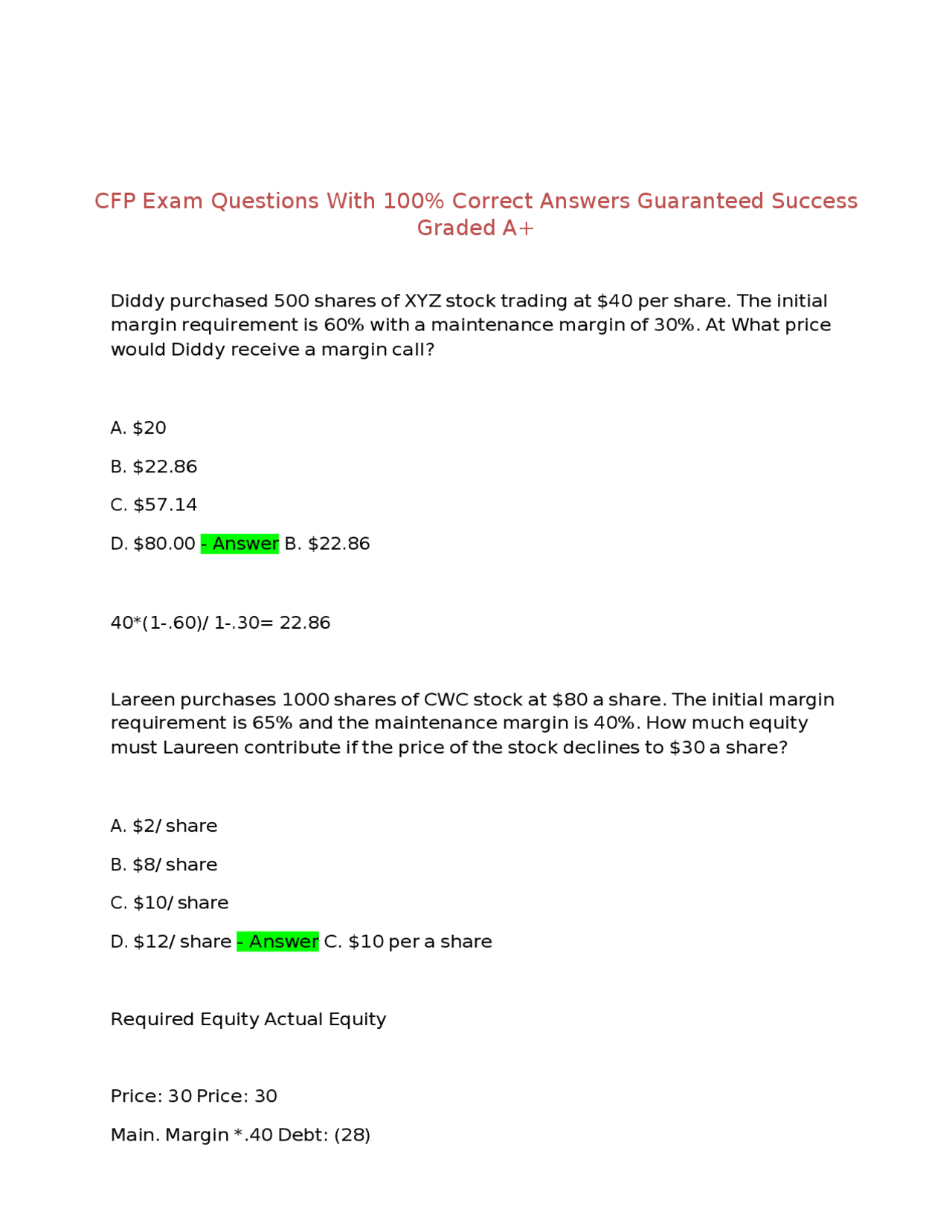 CFP Exam Practice Questions and Answers | Exams Nursing | Docsity