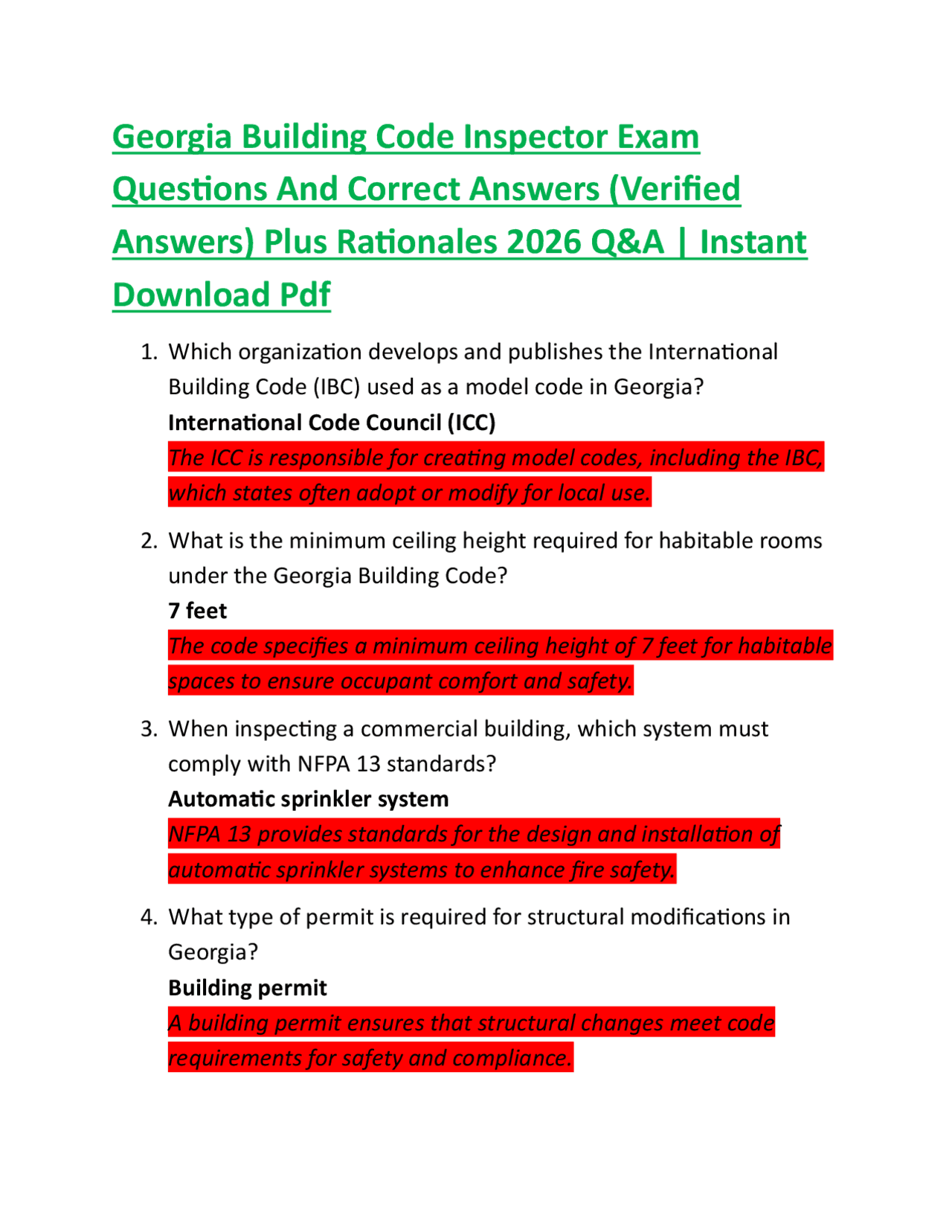 Georgia Building Code Inspector Exam Questions and Answers 2026 | Exams ...