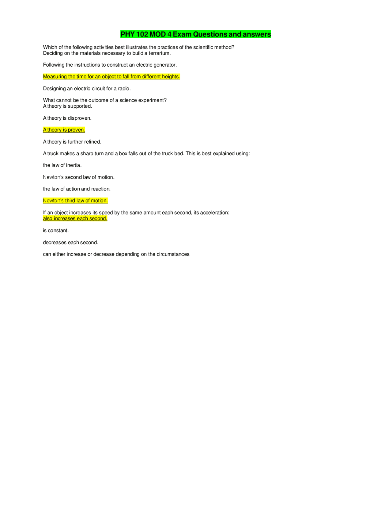 PHY 102 MOD 4 Exam Questions and answers | Exams Physics | Docsity