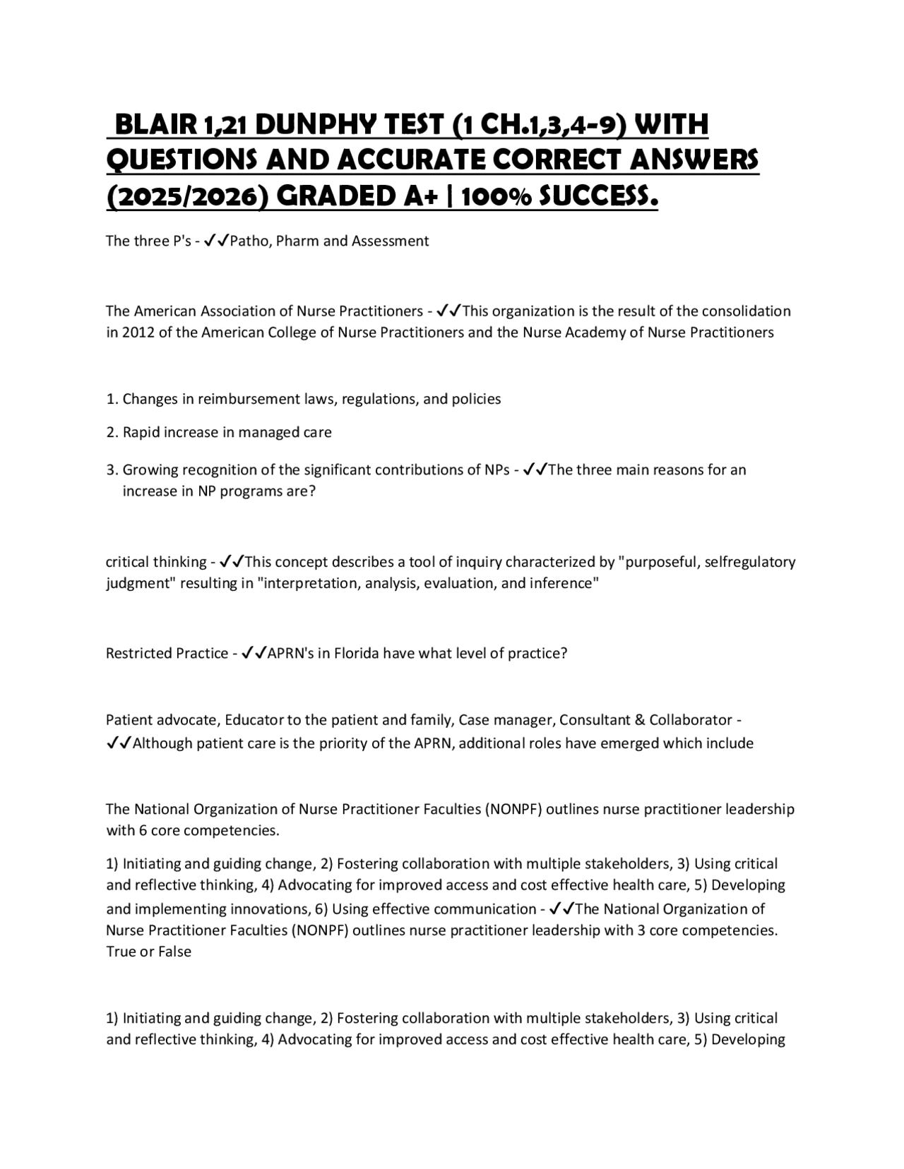 BLAIR 1,21 DUNPHY TEST (1 CH.1,3,4-9) WITH QUESTIONS AND ACCURATE ...