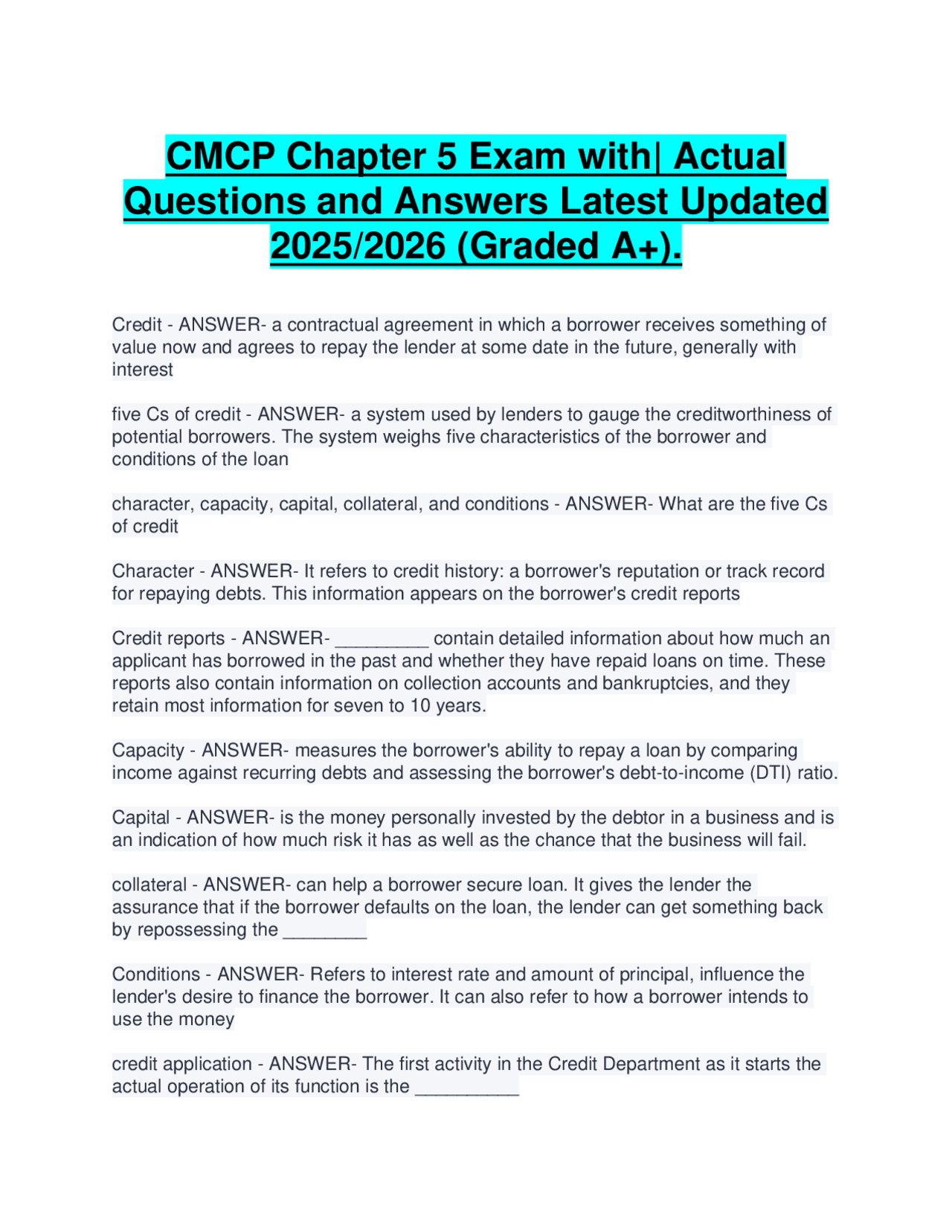 CMCP Chapter 5 Exam with| Actual Questions and Answers Latest Updated ...