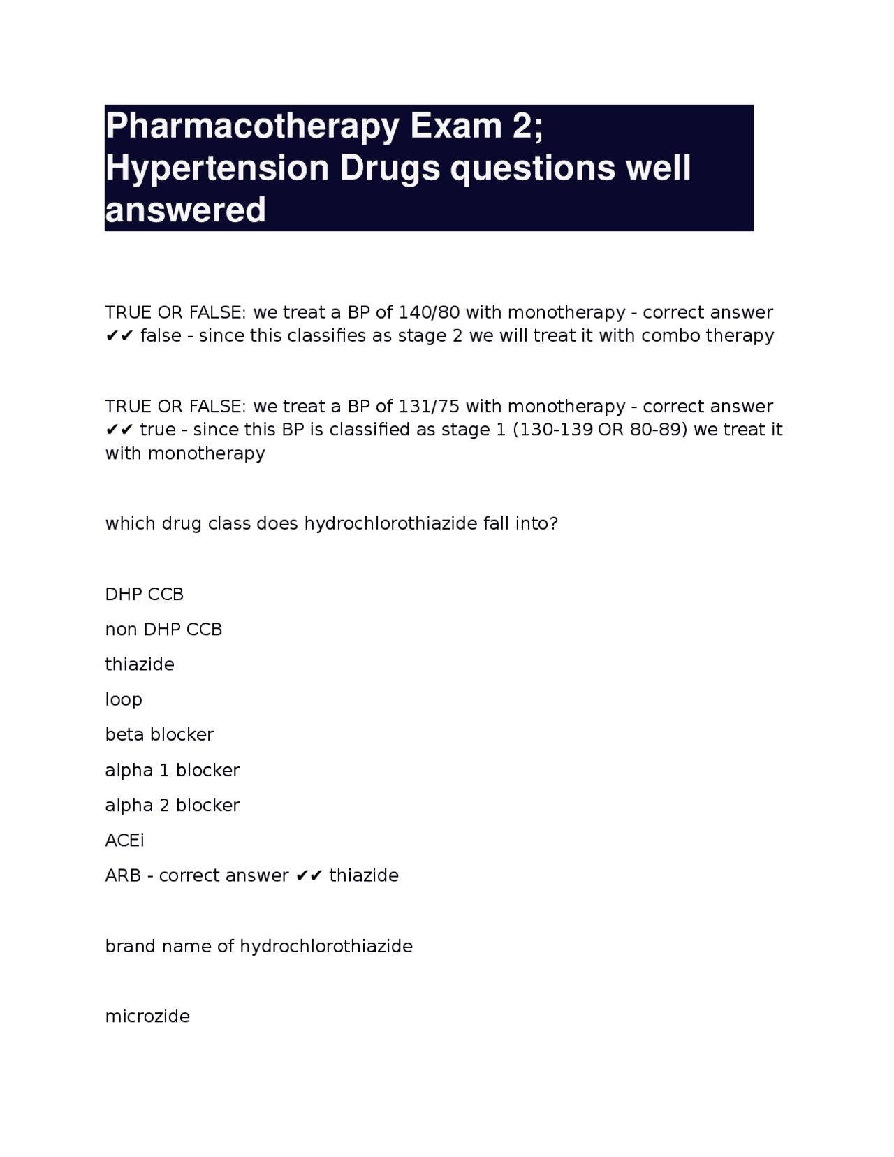 Pharmacotherapy Exam 2; Hypertension Drugs questions well answered-42 ...