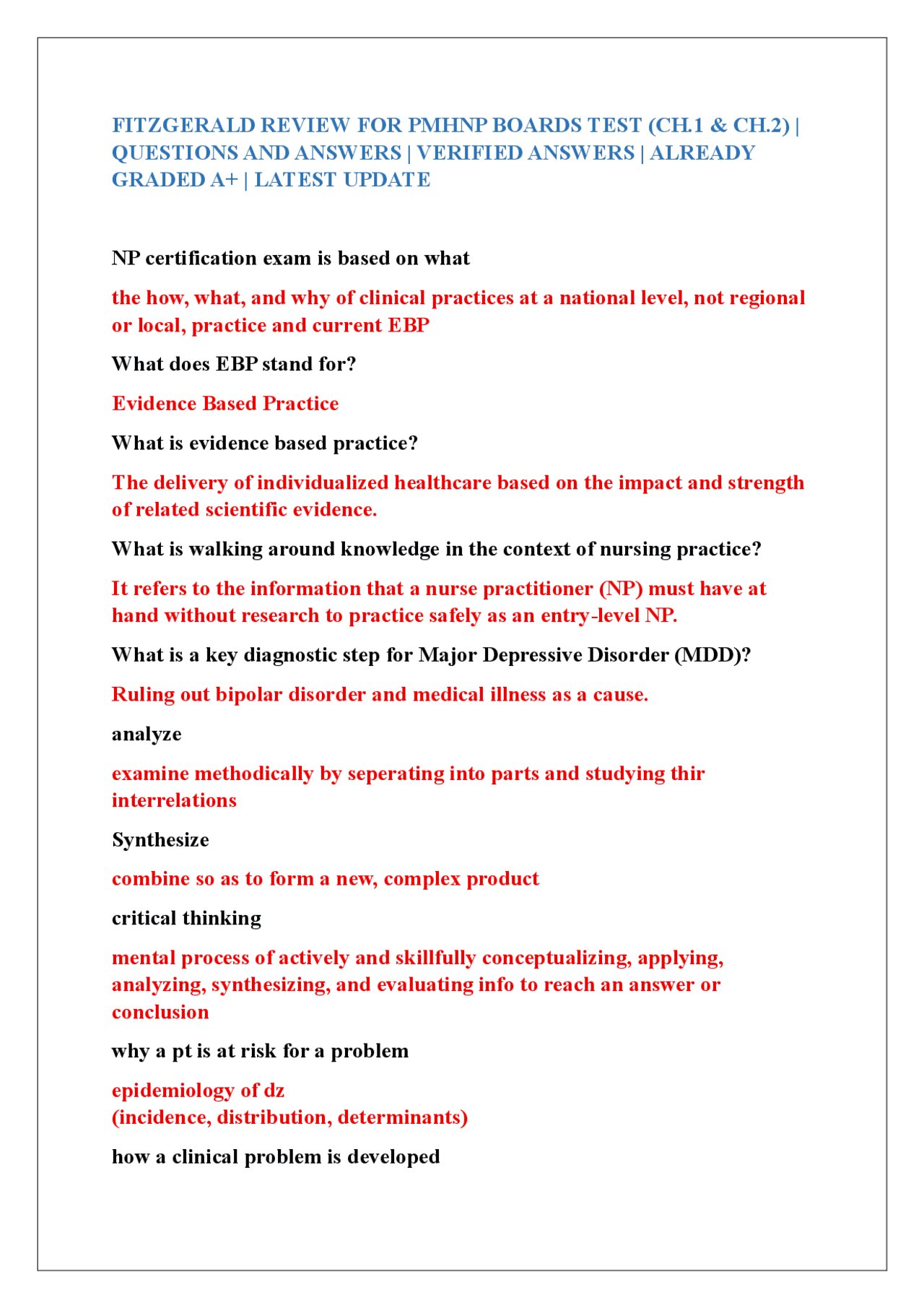PMHNP Boards Test Review: Questions and Answers | Exams Nursing | Docsity