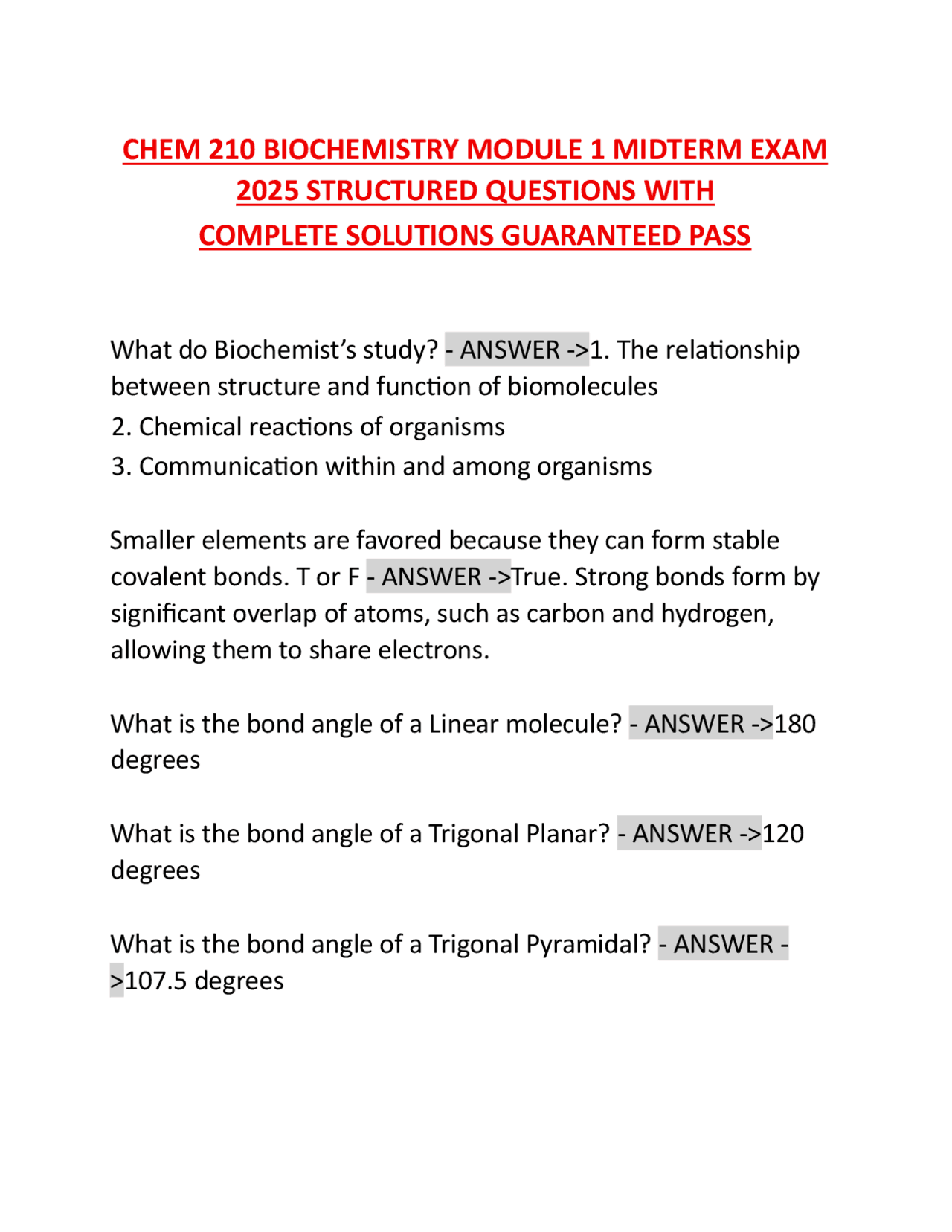 CHEM 210 BIOCHEMISTRY MODULE 1 MIDTERM EXAM 2025 STRUCTURED QUESTIONS ...