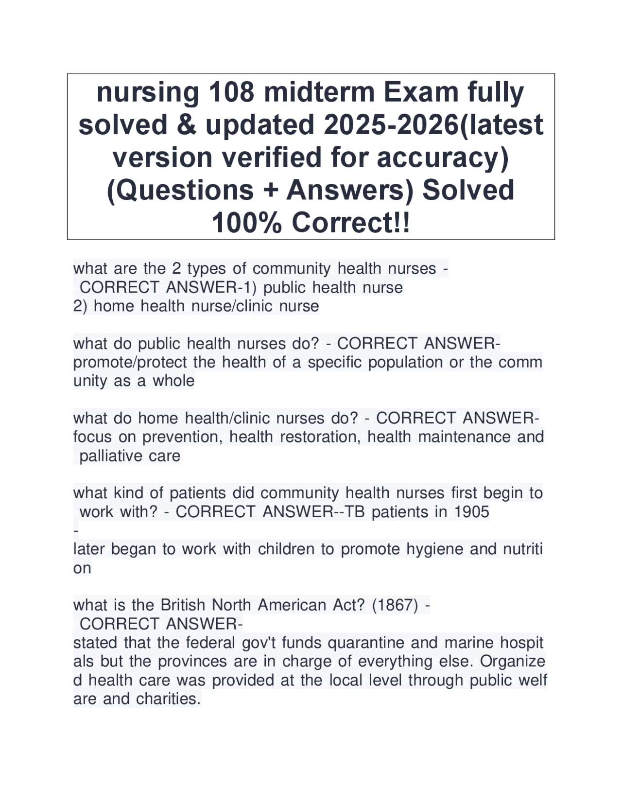 Nursing 108 Midterm Exam Questions and Answers 2025-2026 | Exams ...
