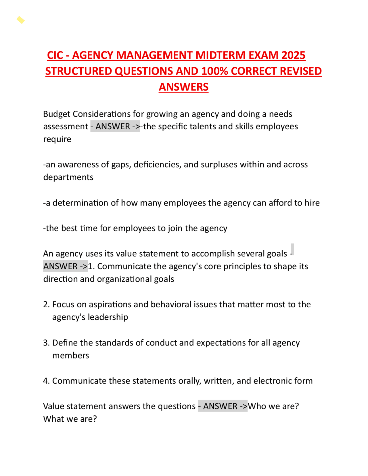 Structured Answer Agency Management Midterm Exam: Structured Questions and Answers ...