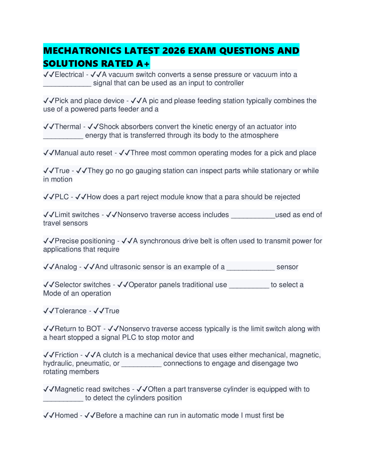 MECHATRONICS LATEST 2026 EXAM QUESTIONS AND SOLUTIONS RATED A.pdf ...