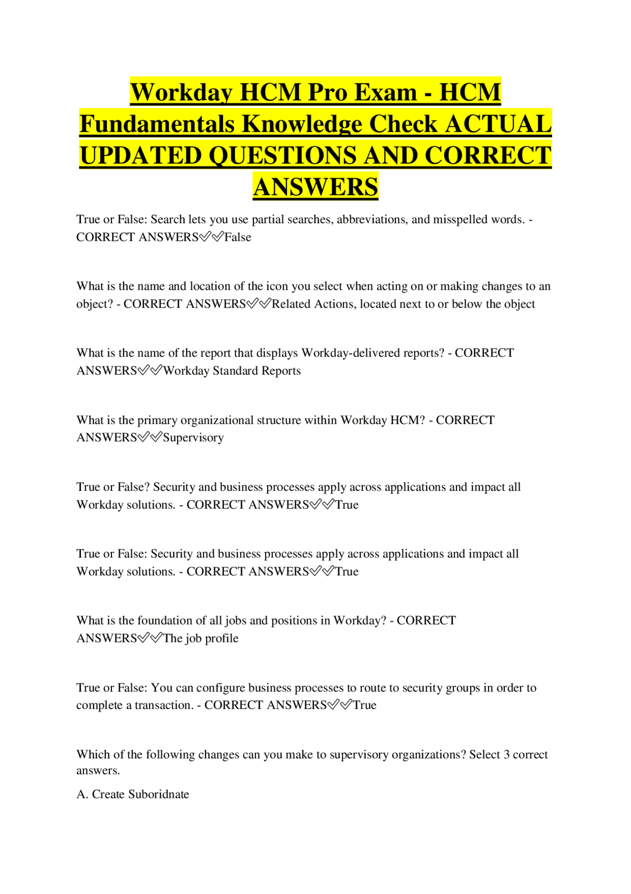 Workday HCM Pro Exam - HCM Fundamentals Knowledge Check ACTUAL UPDATED ...