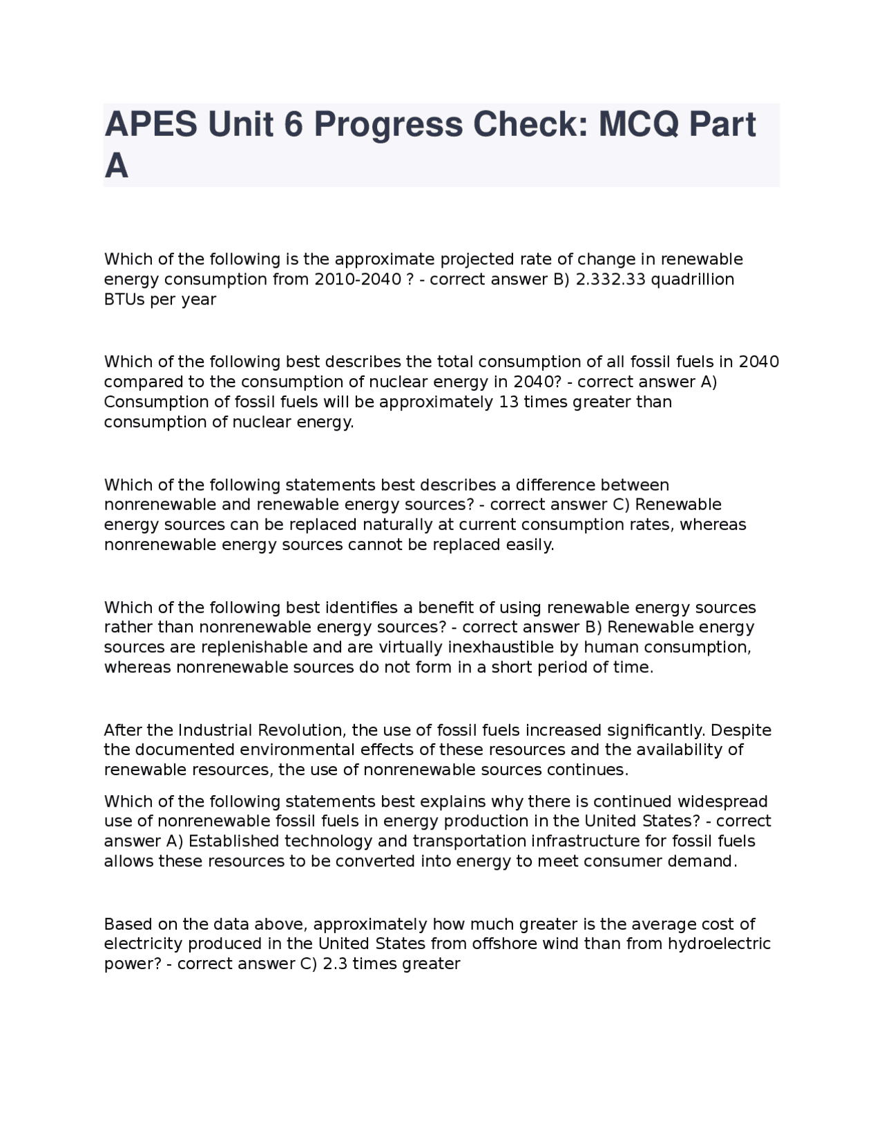 APES Unit 6 Progress Check: MCQ Part A | Exams Advanced Education | Docsity